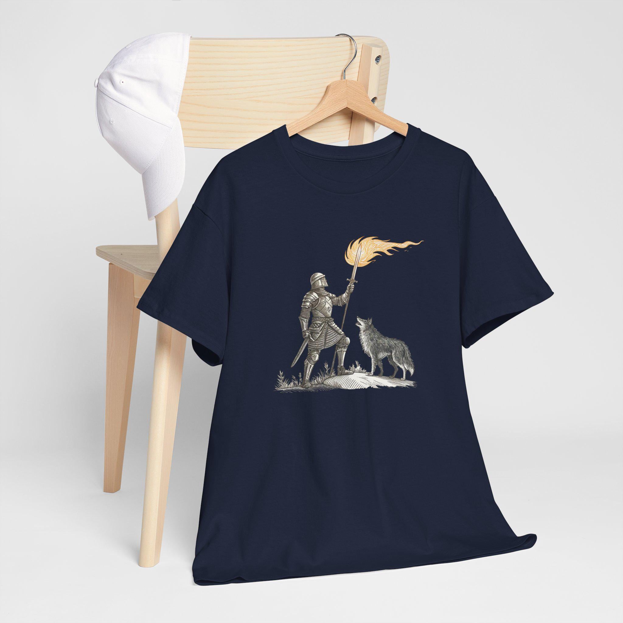 Fantasy Knight and Wolf Graphic Tee: Medieval Warrior Shirt