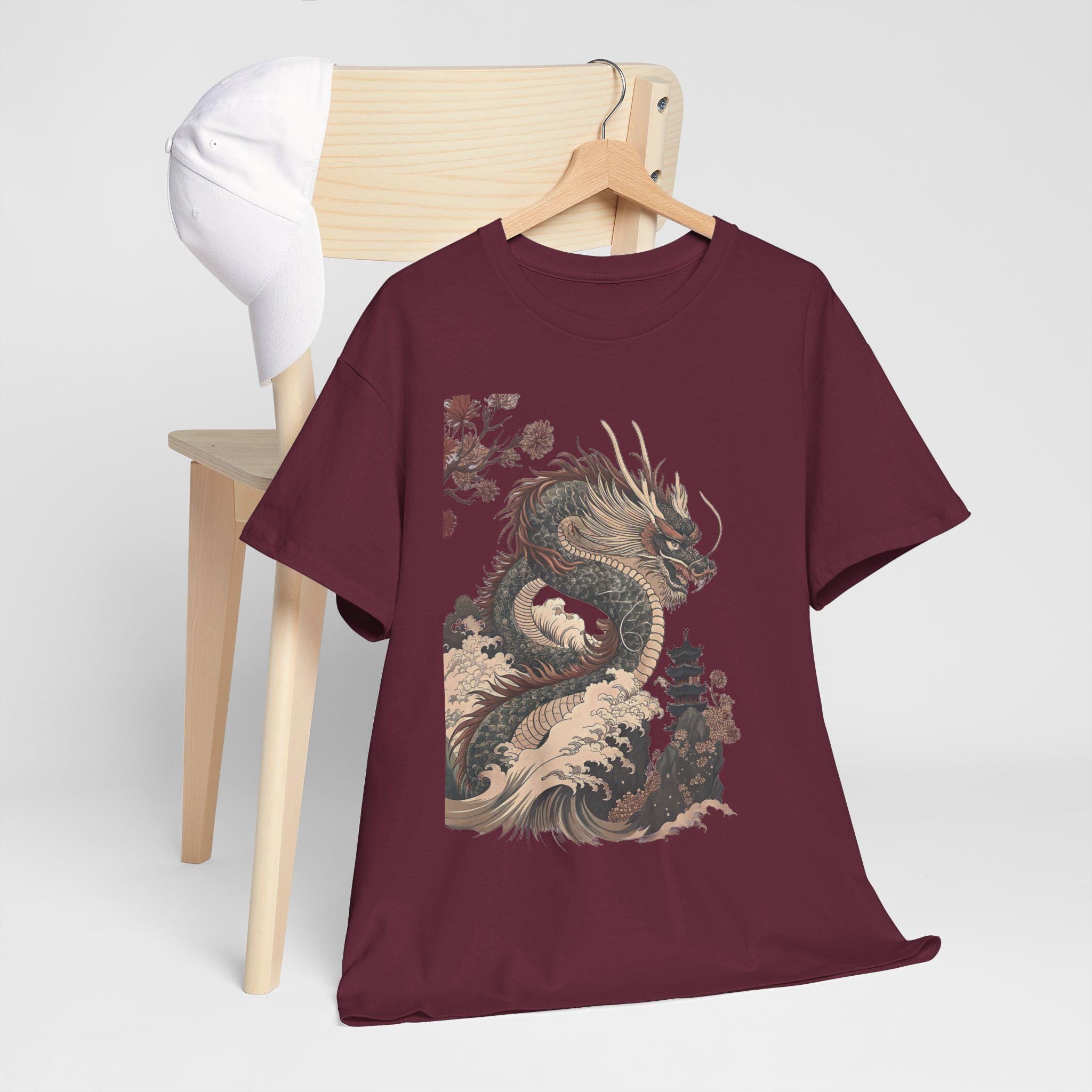 Vintage Japanese Dragon Graphic Tee: Mythical Fantasy Cotton Shirt