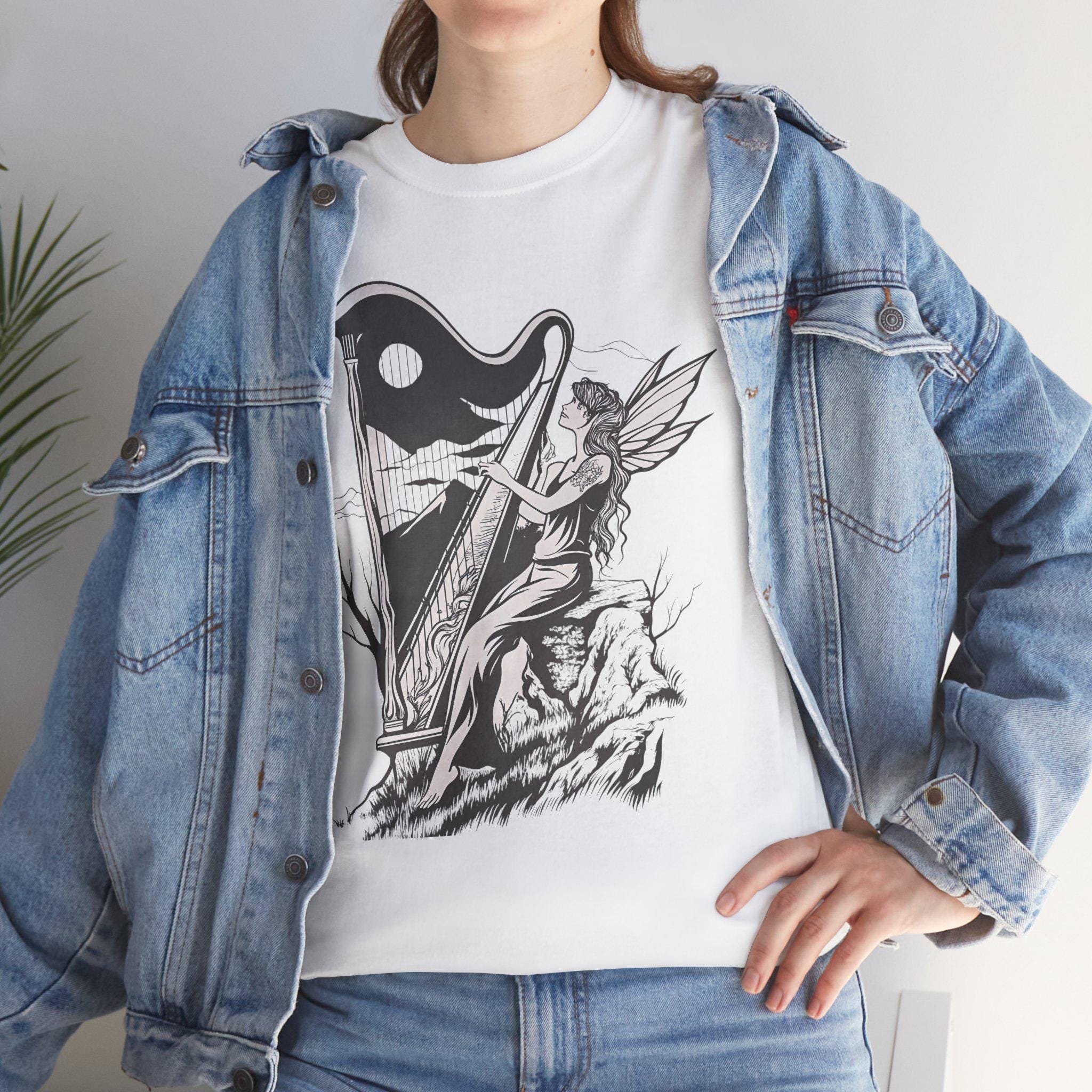 Angelic Fairy Harpist Graphic Tee: Vintage Gothic Fantasy Shirt