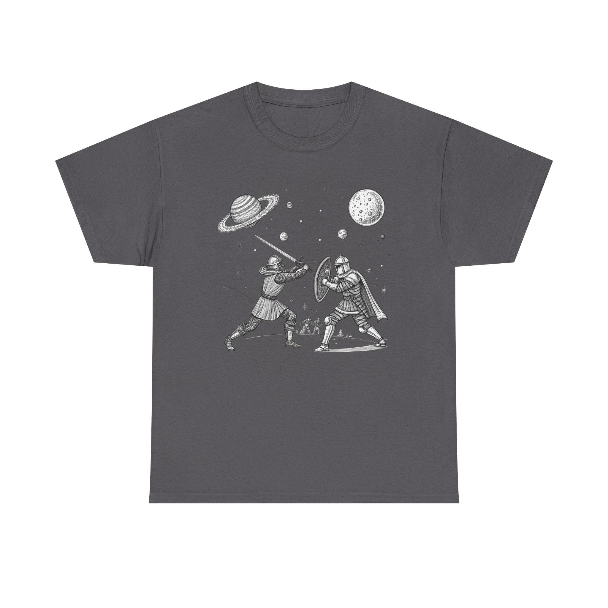 Galactic Medieval Duel Tee: Sci-Fi Fantasy Graphic T-Shirt