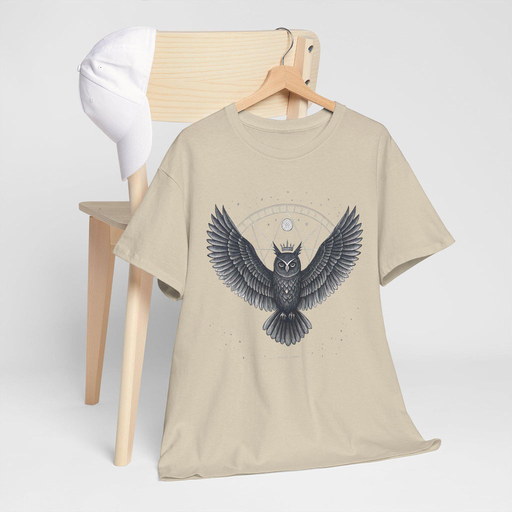 Crowned Owl Graphic T-Shirt: Fantasy Bird Design, White Ink Print