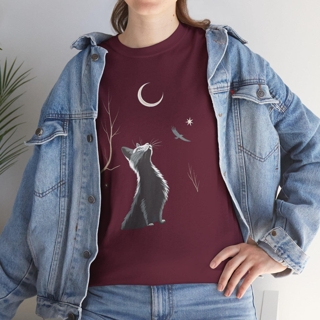 Moonlight Cat Graphic Tee: Gothic Cotton T-Shirt, Dark Cat Lover Gift