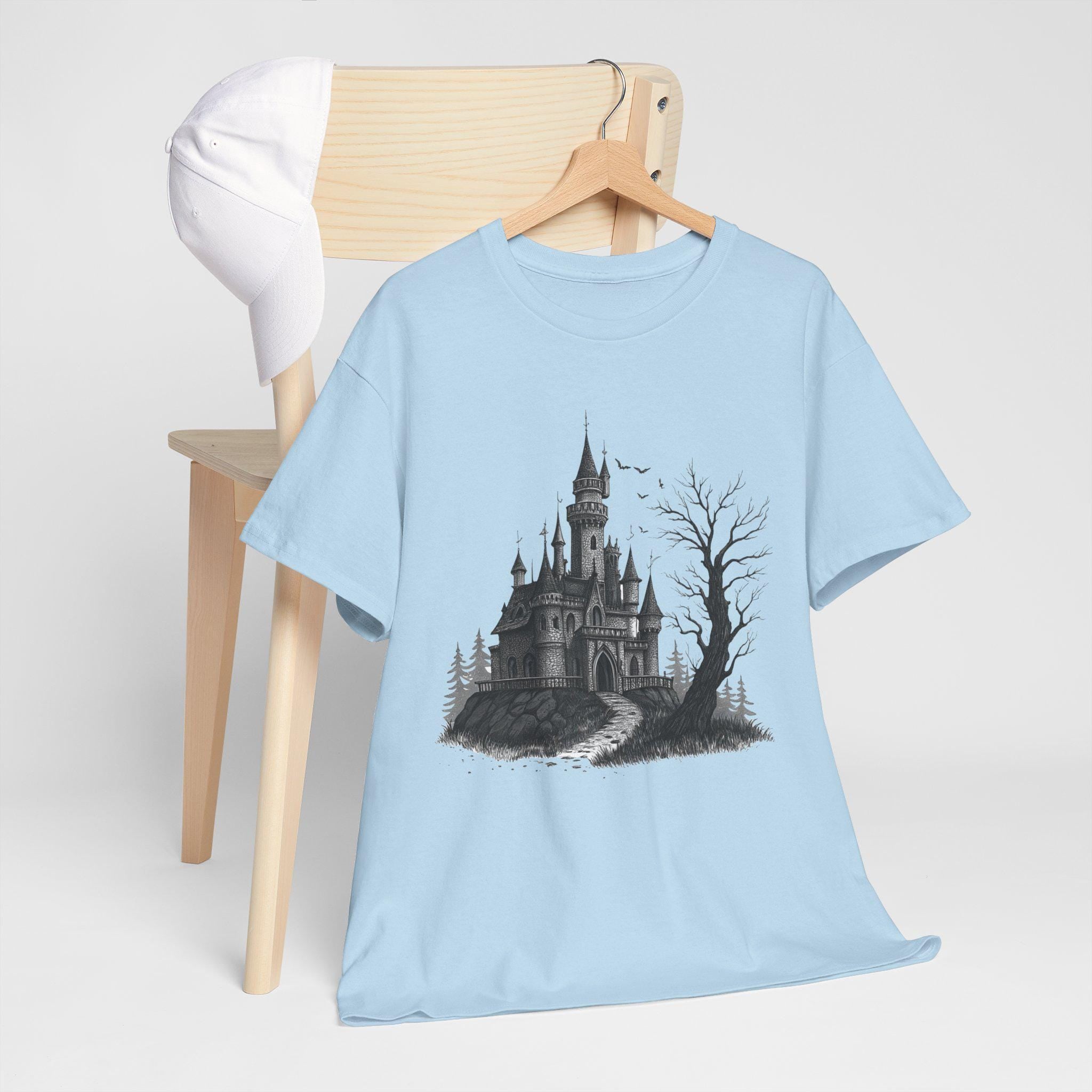 Gothic Castle Graphic Tee: Hand-Drawn Medieval Fantasy T-Shirt