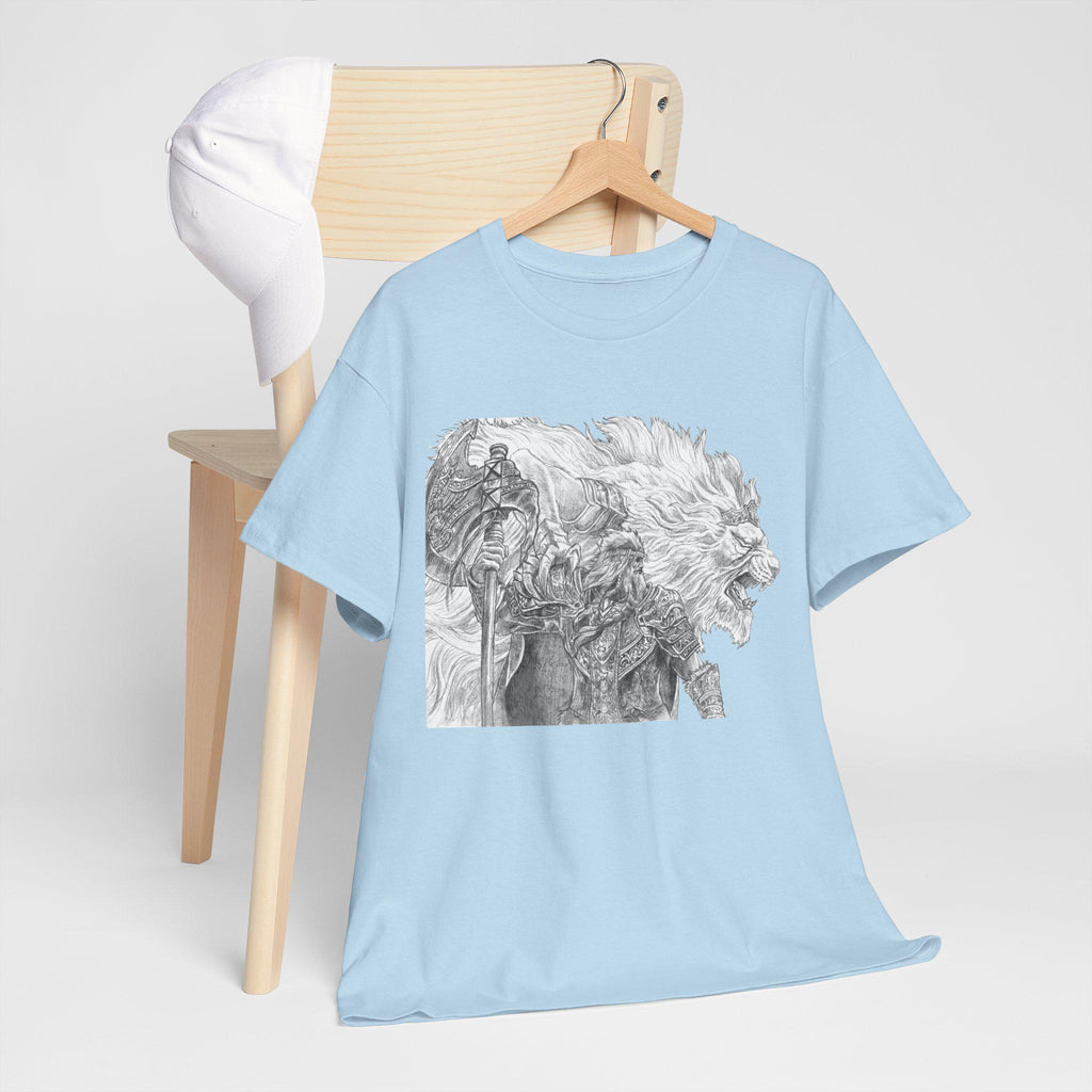 Elden Ring Lion Warrior Graphic Tee: Medieval Fantasy Hand-Drawn Design