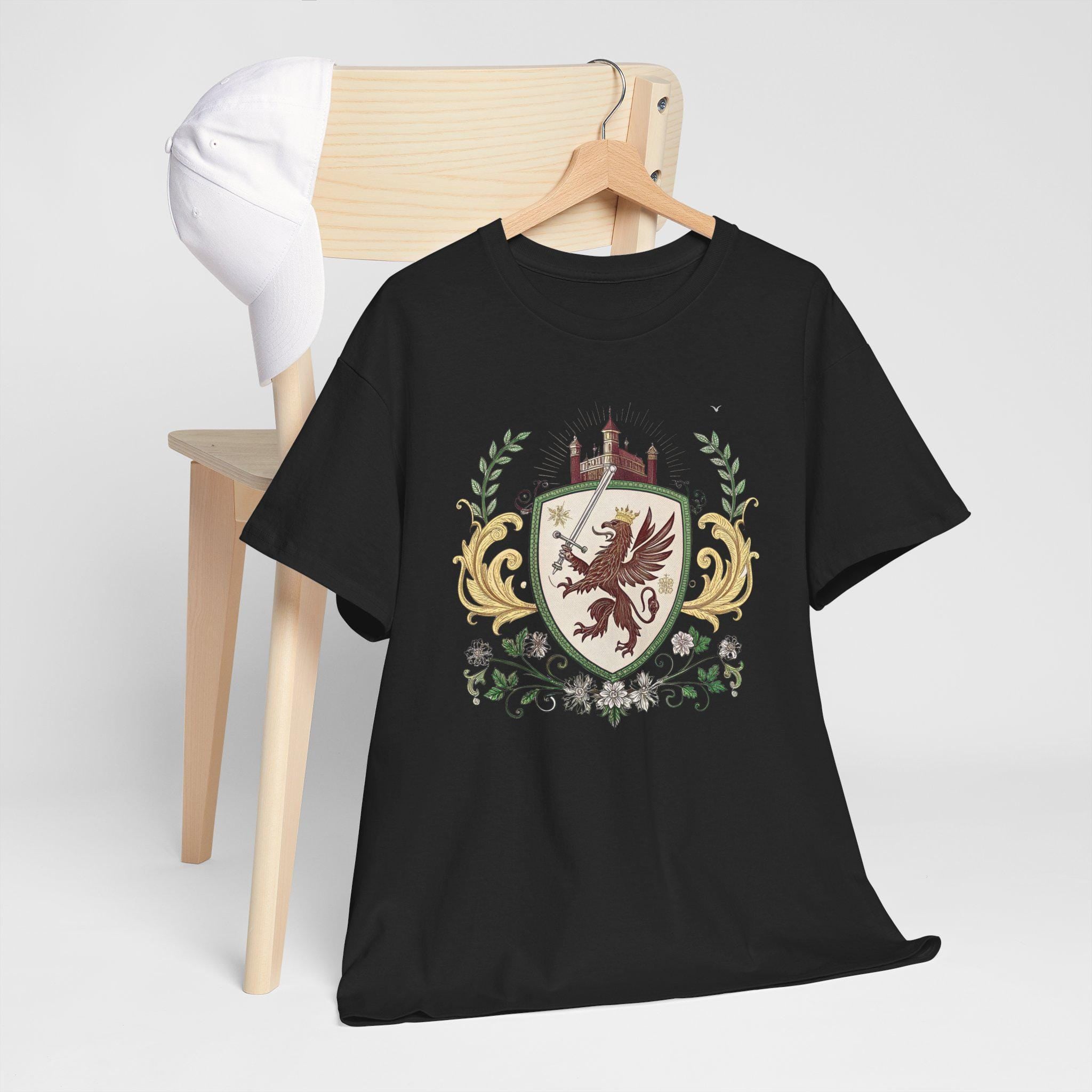 Medieval Griffin Graphic Tee: Fantasy Castlecore Emblem, Unisex Cotton Shirt