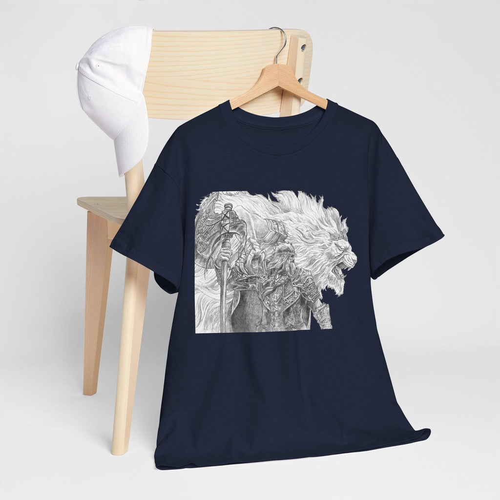 Elden Ring Lion Warrior Graphic Tee: Medieval Fantasy Hand-Drawn Design