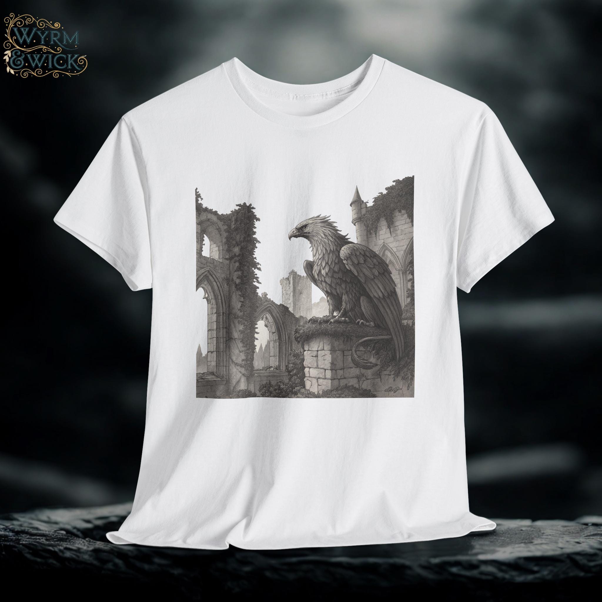 Griffin Gothic Ruins Tee: Medieval Fantasy Graphic Unisex Shirt