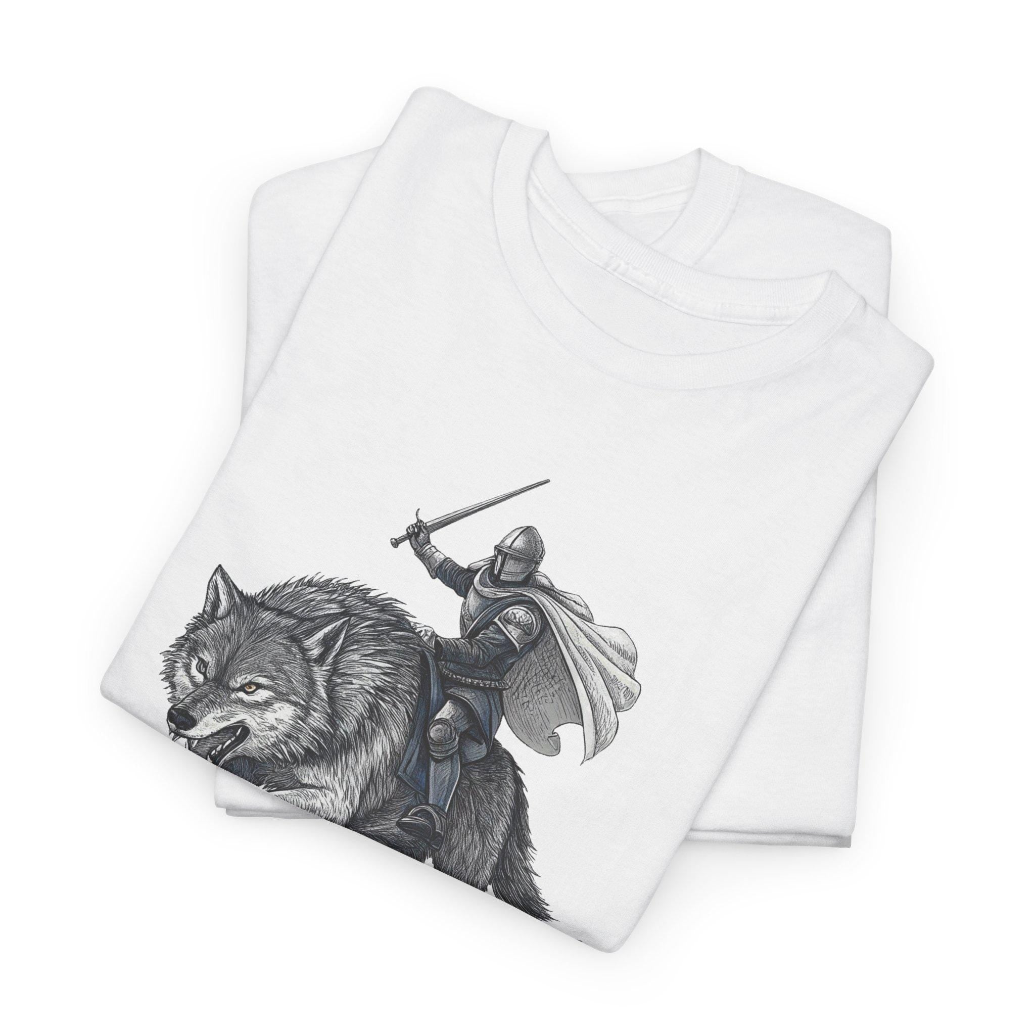 Knight Riding Wolf Graphic Tee: Medieval Fantasy Shirt
