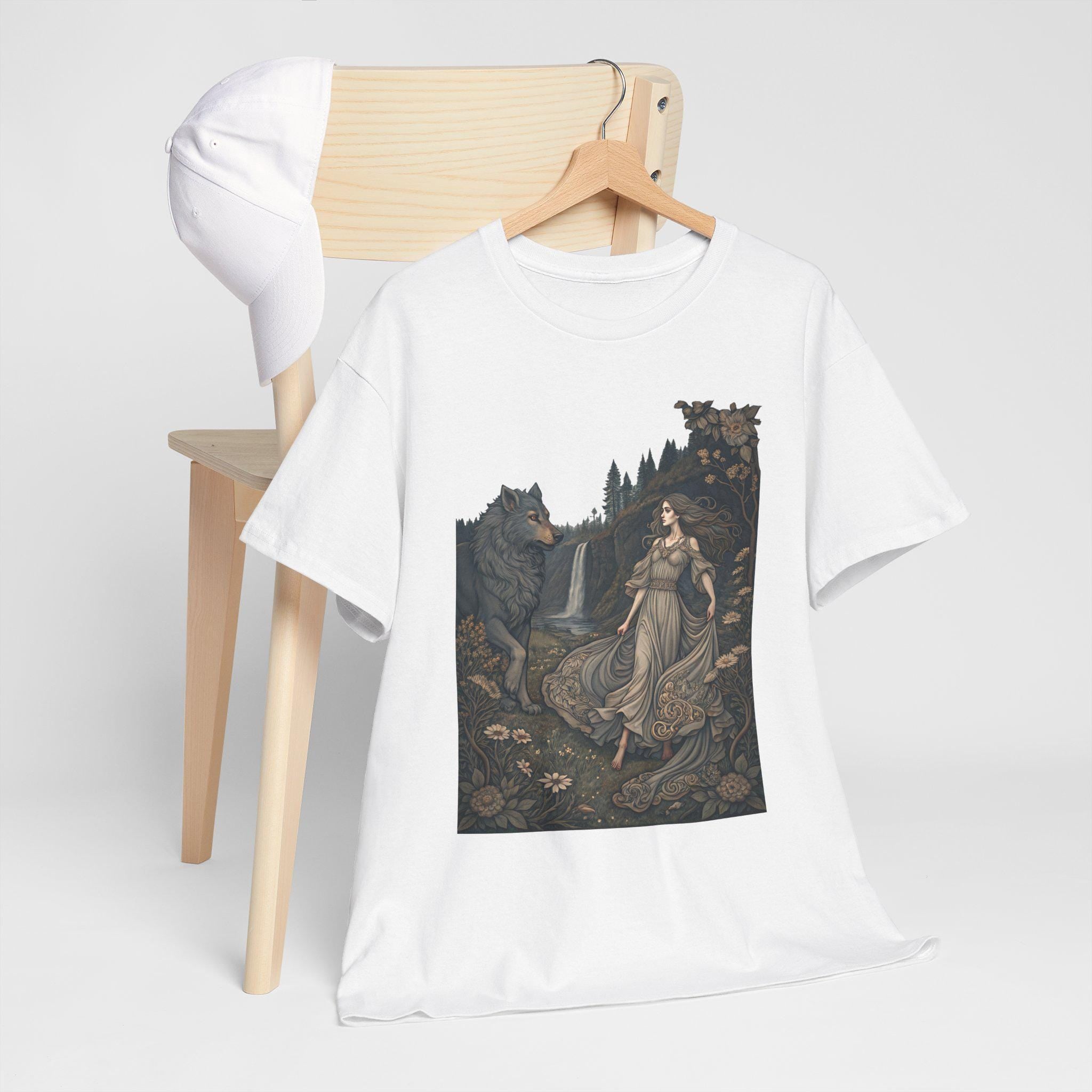 Fae Woman & Wolf Graphic Tee: Fantasy Medieval Shirt