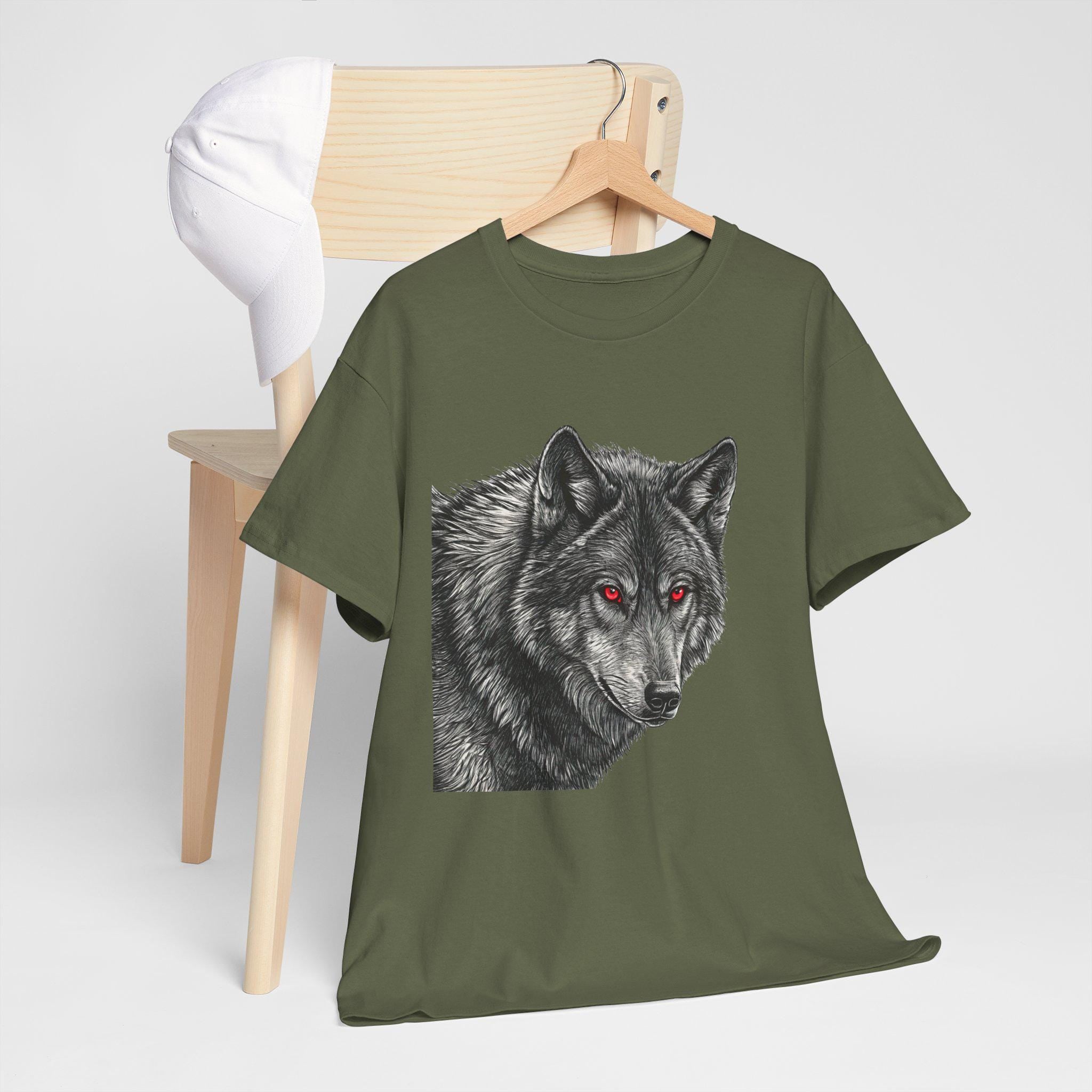Gothic Wolf Graphic Tee: Hand-Drawn Red Eyes Fantasy Shirt