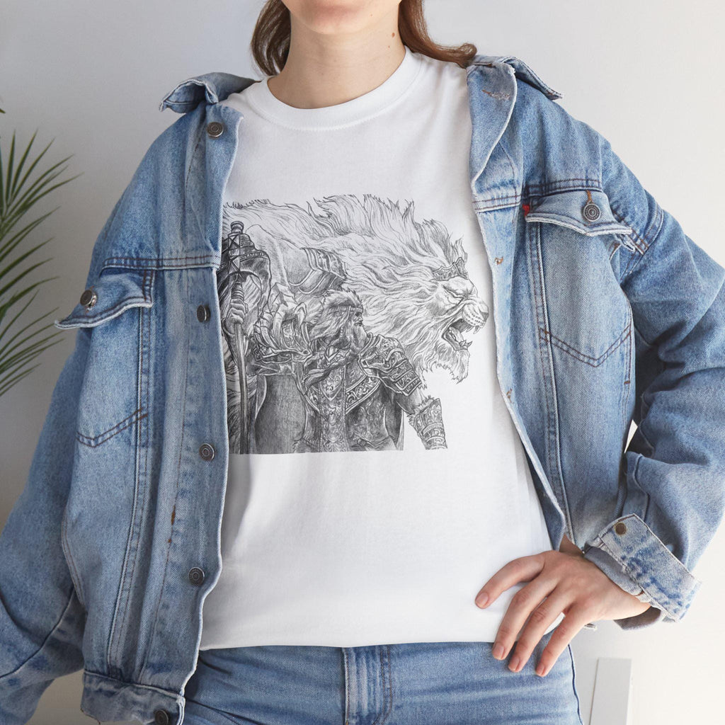 Elden Ring Lion Warrior Graphic Tee: Medieval Fantasy Hand-Drawn Design