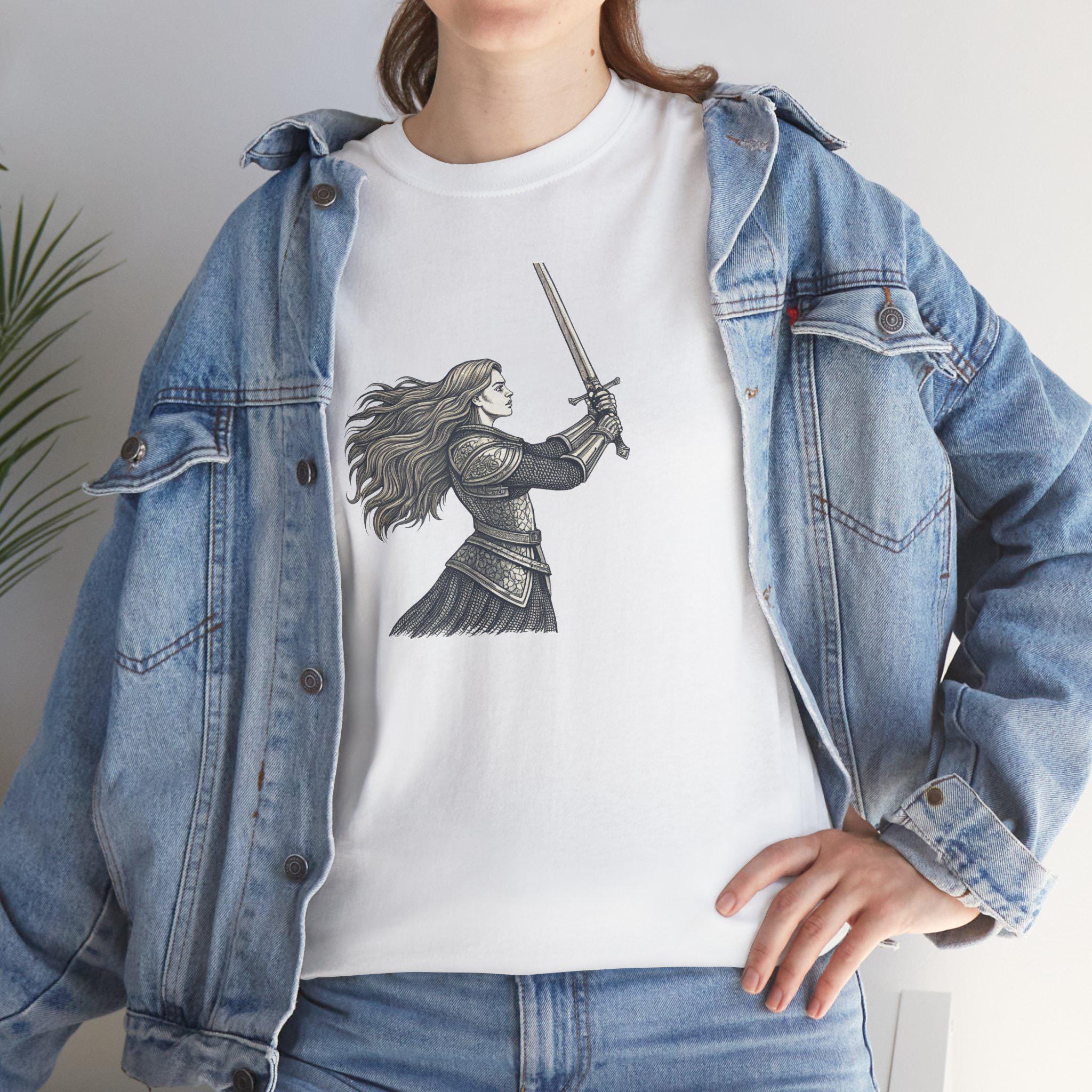 Female Knight Graphic Tee: Medieval Sword Art, Cotton Warrior T-Shirt