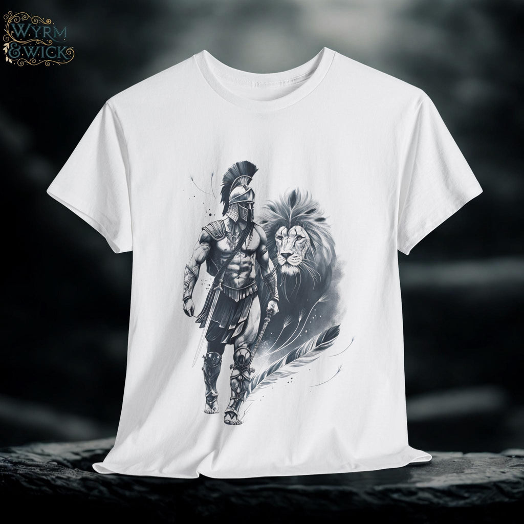 Spartan & Lion Tattoo Tee: Ethereal White Ink, Greek Mythology Shirt
