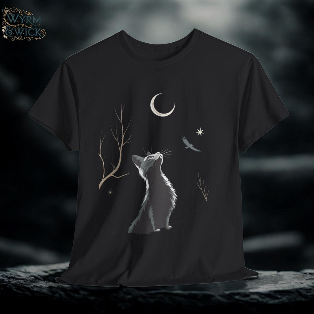 Moonlight Cat Graphic Tee: Gothic Cotton T-Shirt, Dark Cat Lover Gift