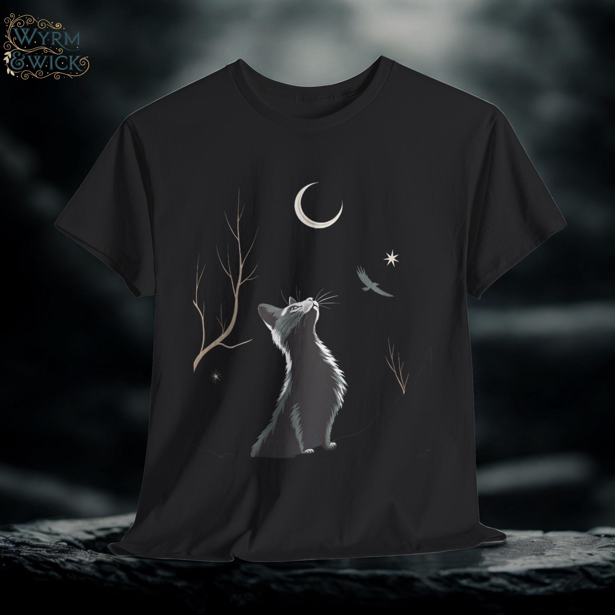 Moonlight Cat Graphic Tee: Gothic Cotton T-Shirt, Dark Cat Lover Gift