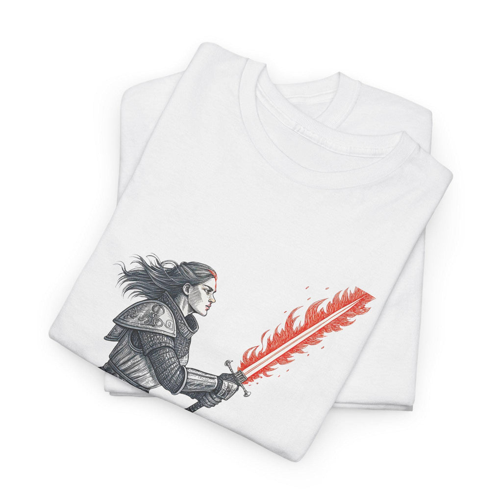 Female Knight Graphic Tee: Medieval Red Flame Sword, Fantasy Warrior