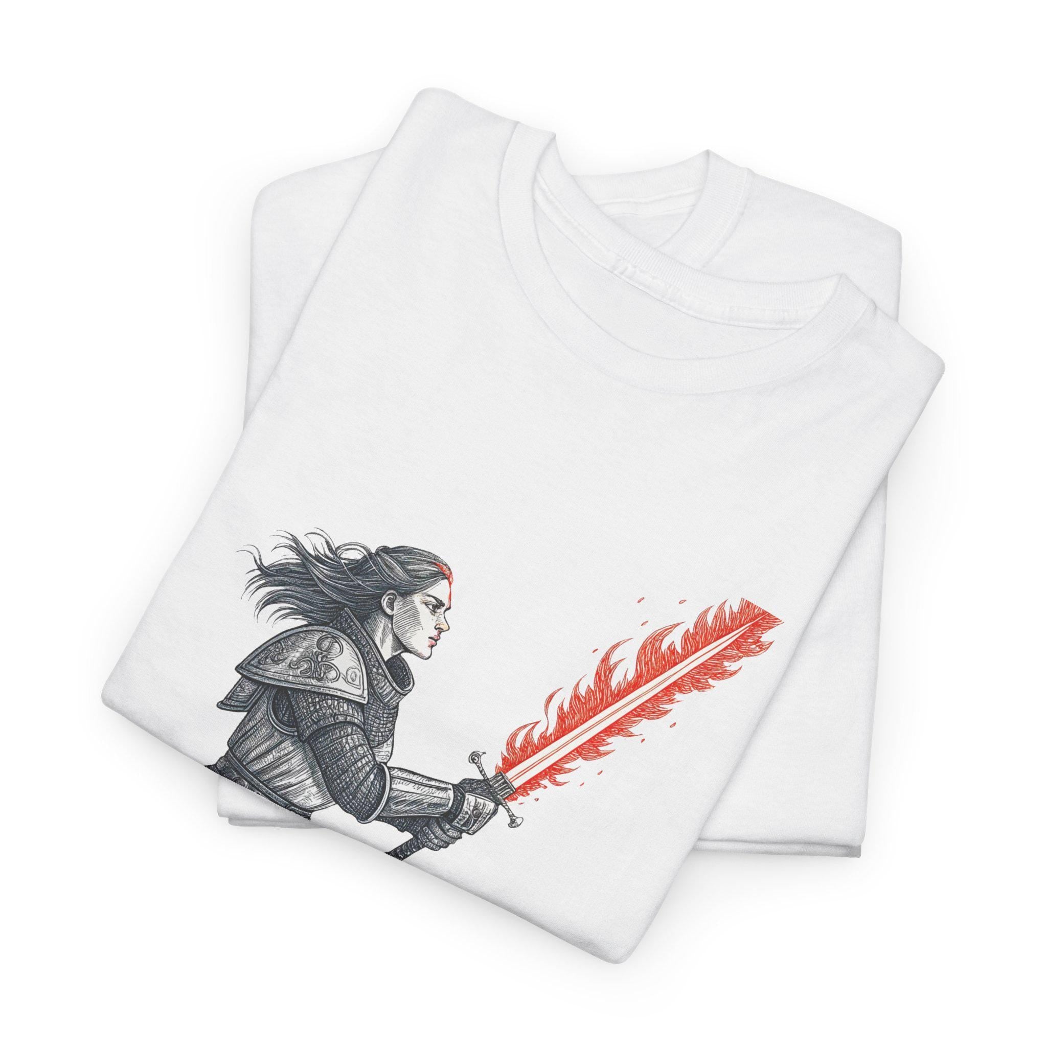 Female Knight Graphic Tee: Medieval Red Flame Sword, Fantasy Warrior