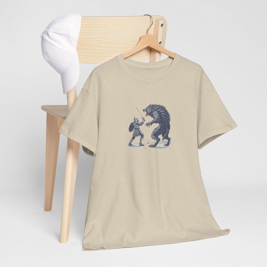 Mythical Knight and Werewolf Graphic Tee: Medieval Fantasy Cotton T-Shirt