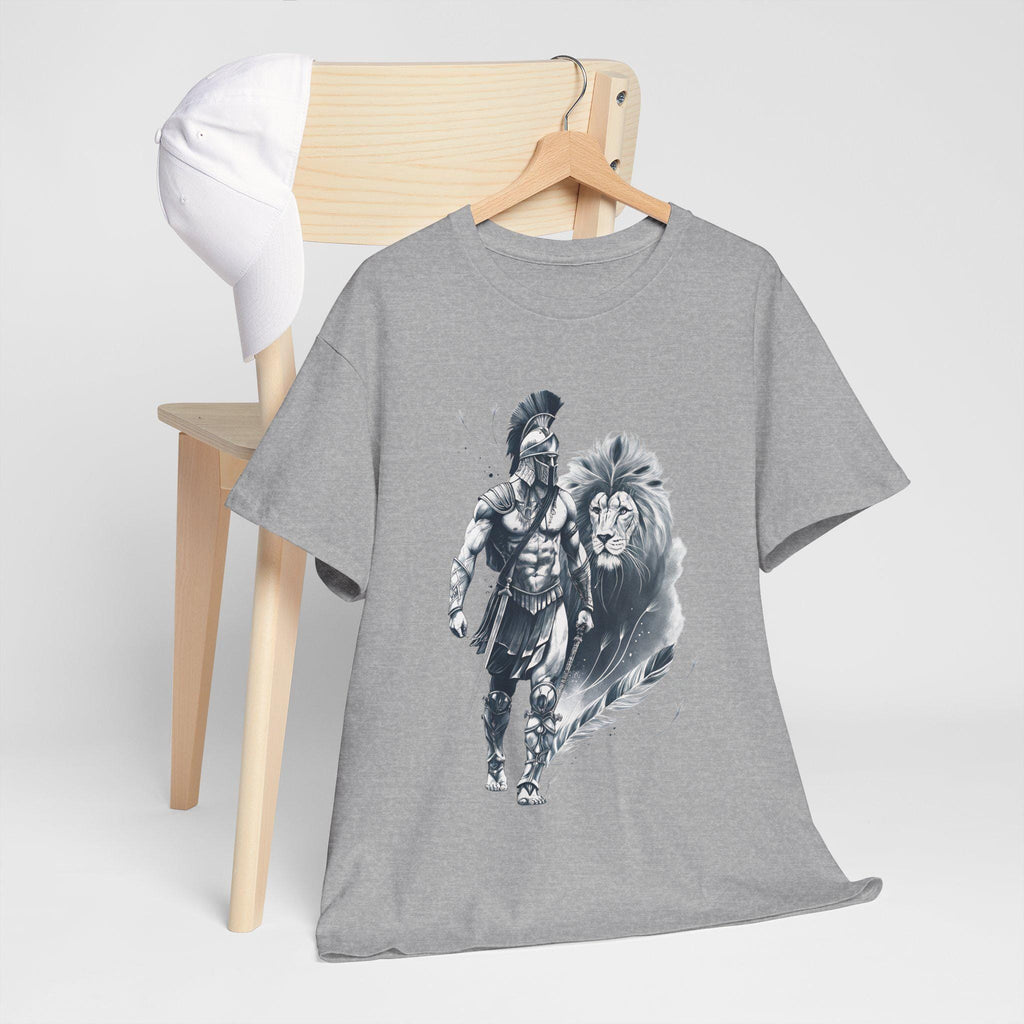 Spartan & Lion Tattoo Tee: Ethereal White Ink, Greek Mythology Shirt
