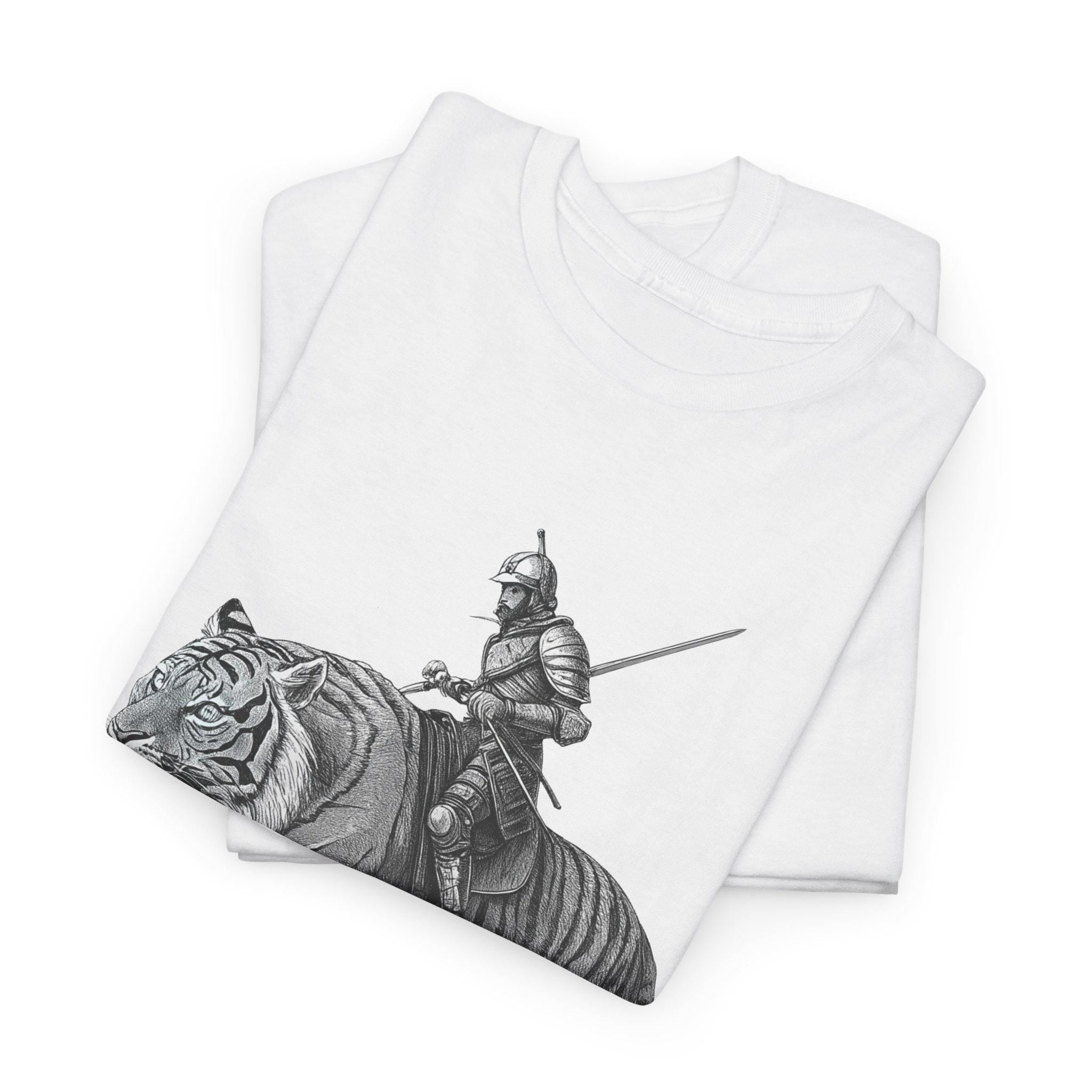 Fantasy Tiger Knight Graphic Tee: Medieval Rider Design