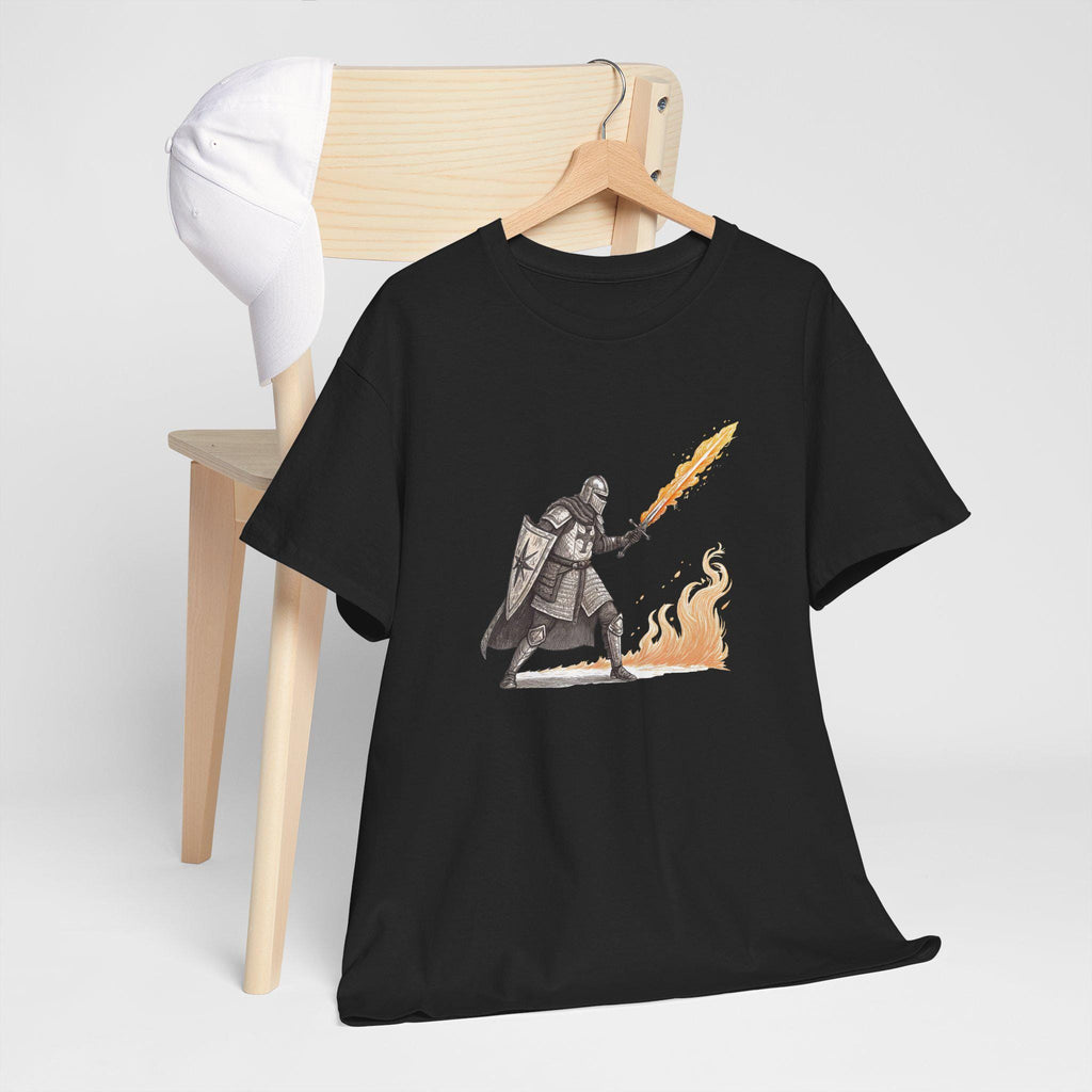 Flaming Sword Knight Graphic Tee: Medieval Armor Warrior Shirt