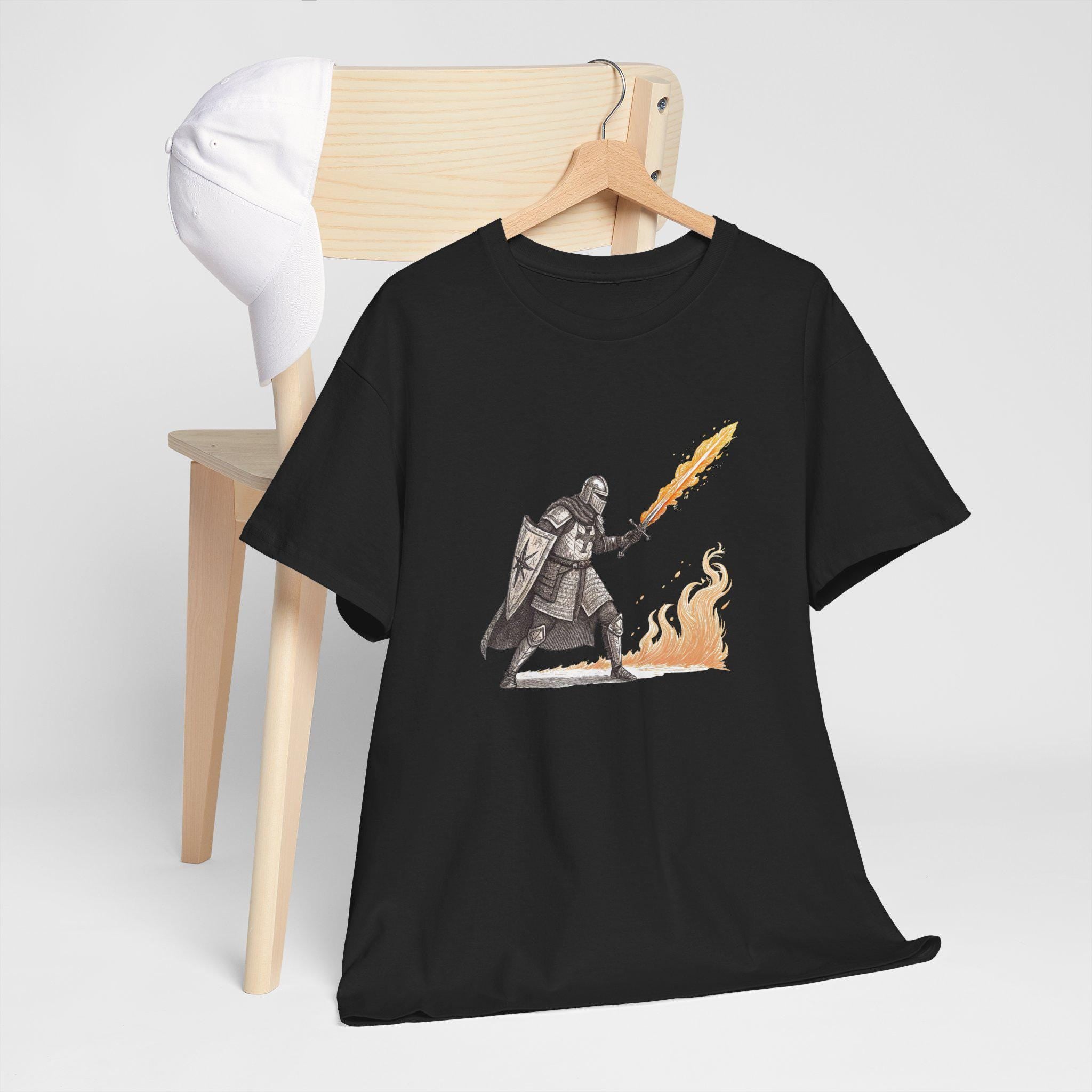 Flaming Sword Knight Graphic Tee: Medieval Armor Warrior Shirt