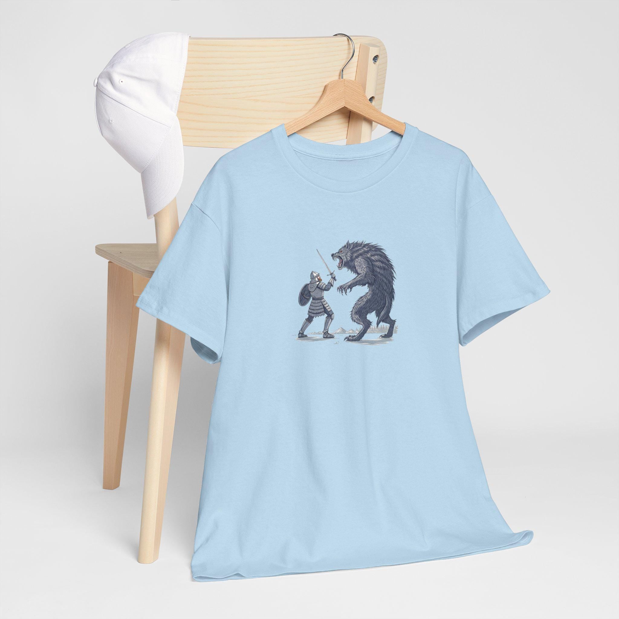 Mythical Knight and Werewolf Graphic Tee: Medieval Fantasy Cotton T-Shirt