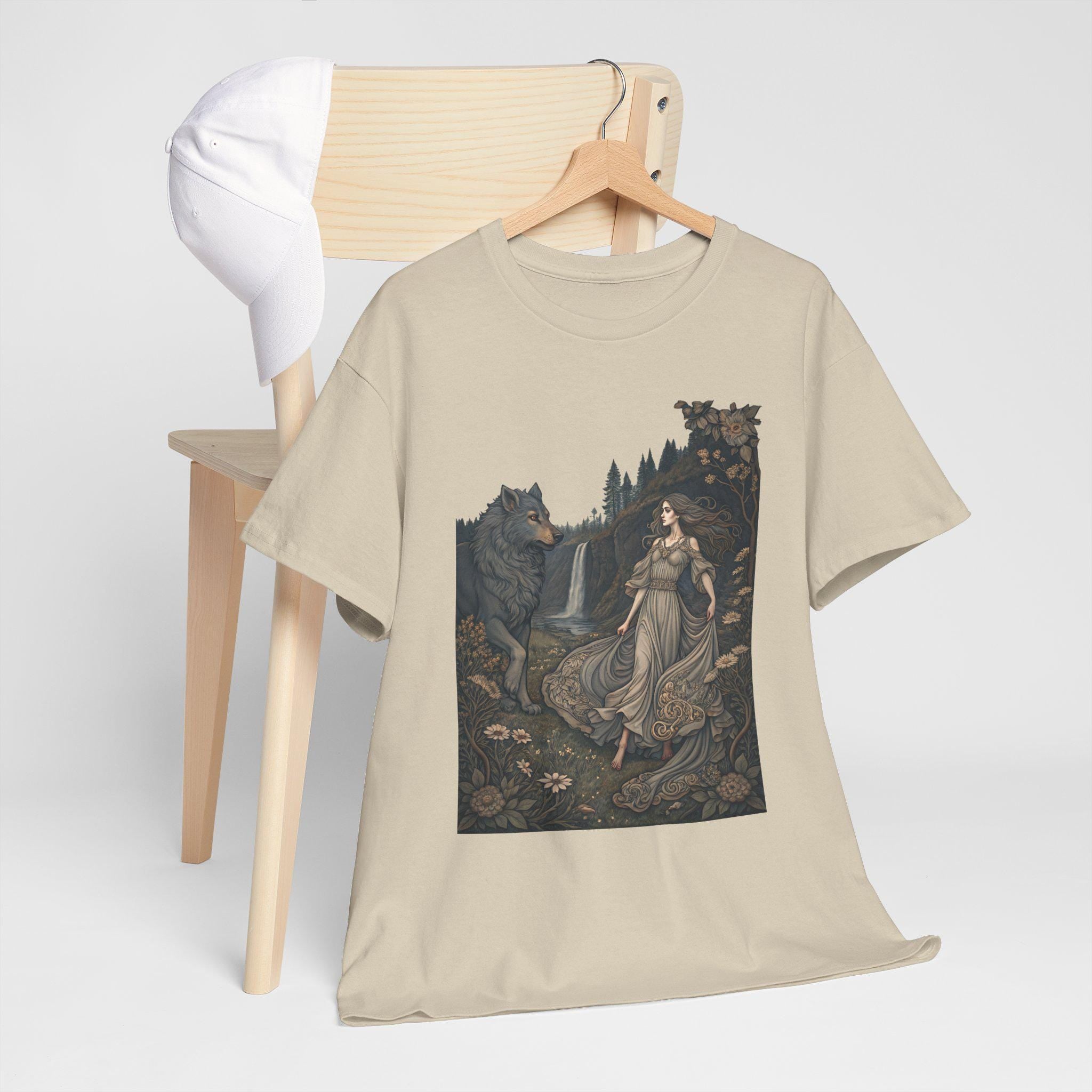 Fae Woman & Wolf Graphic Tee: Fantasy Medieval Shirt