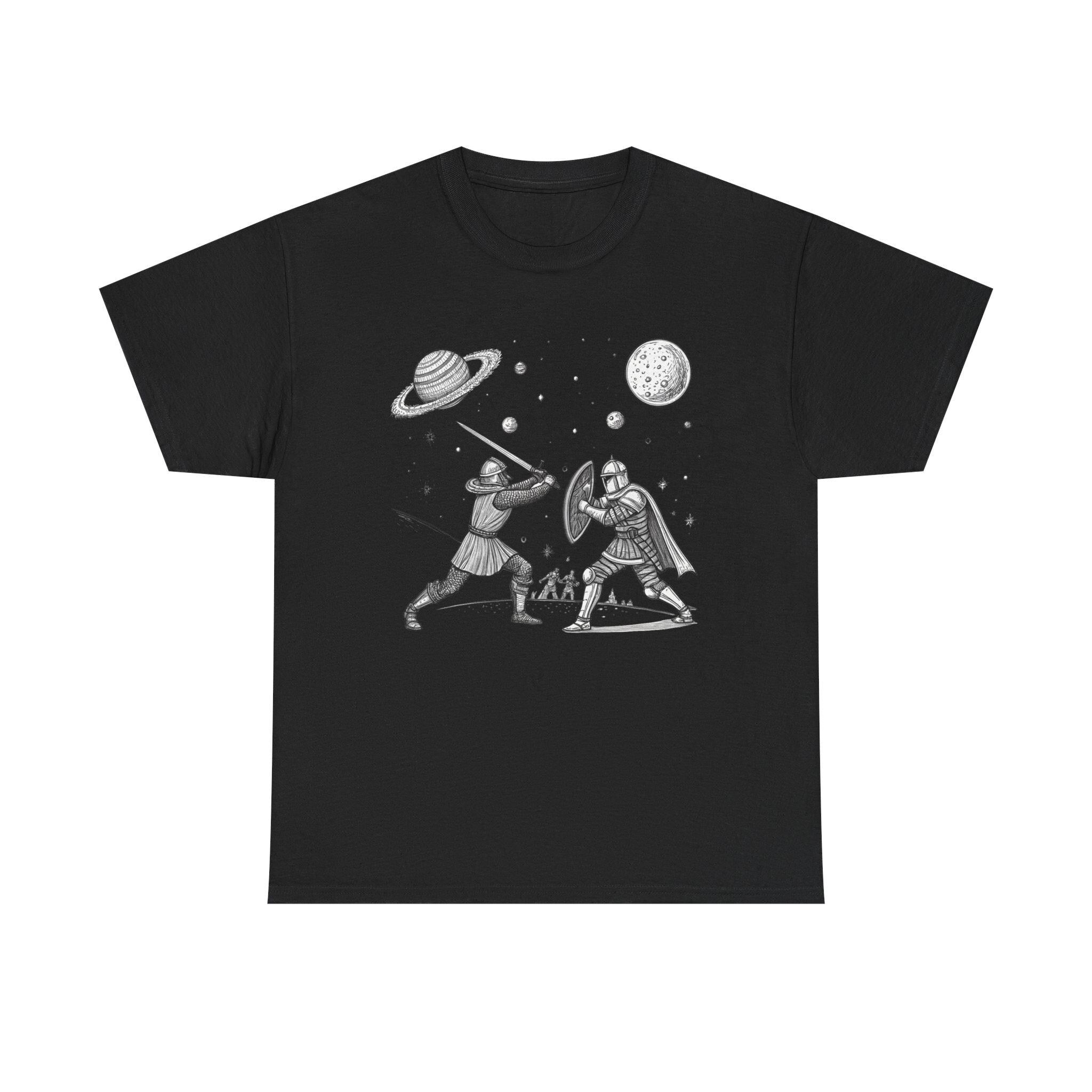 Galactic Medieval Duel Tee: Sci-Fi Fantasy Graphic T-Shirt