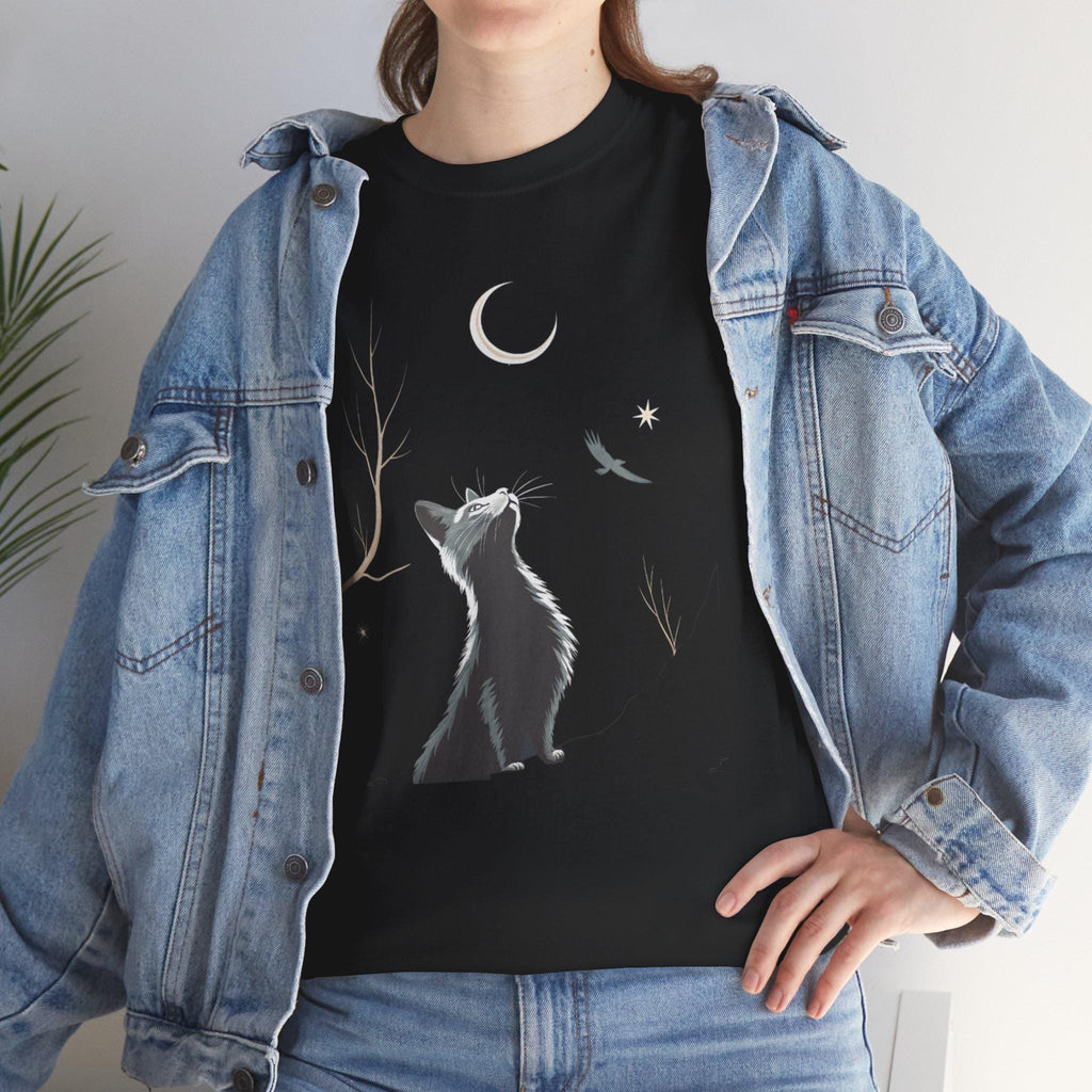Moonlight Cat Graphic Tee: Gothic Cotton T-Shirt, Dark Cat Lover Gift