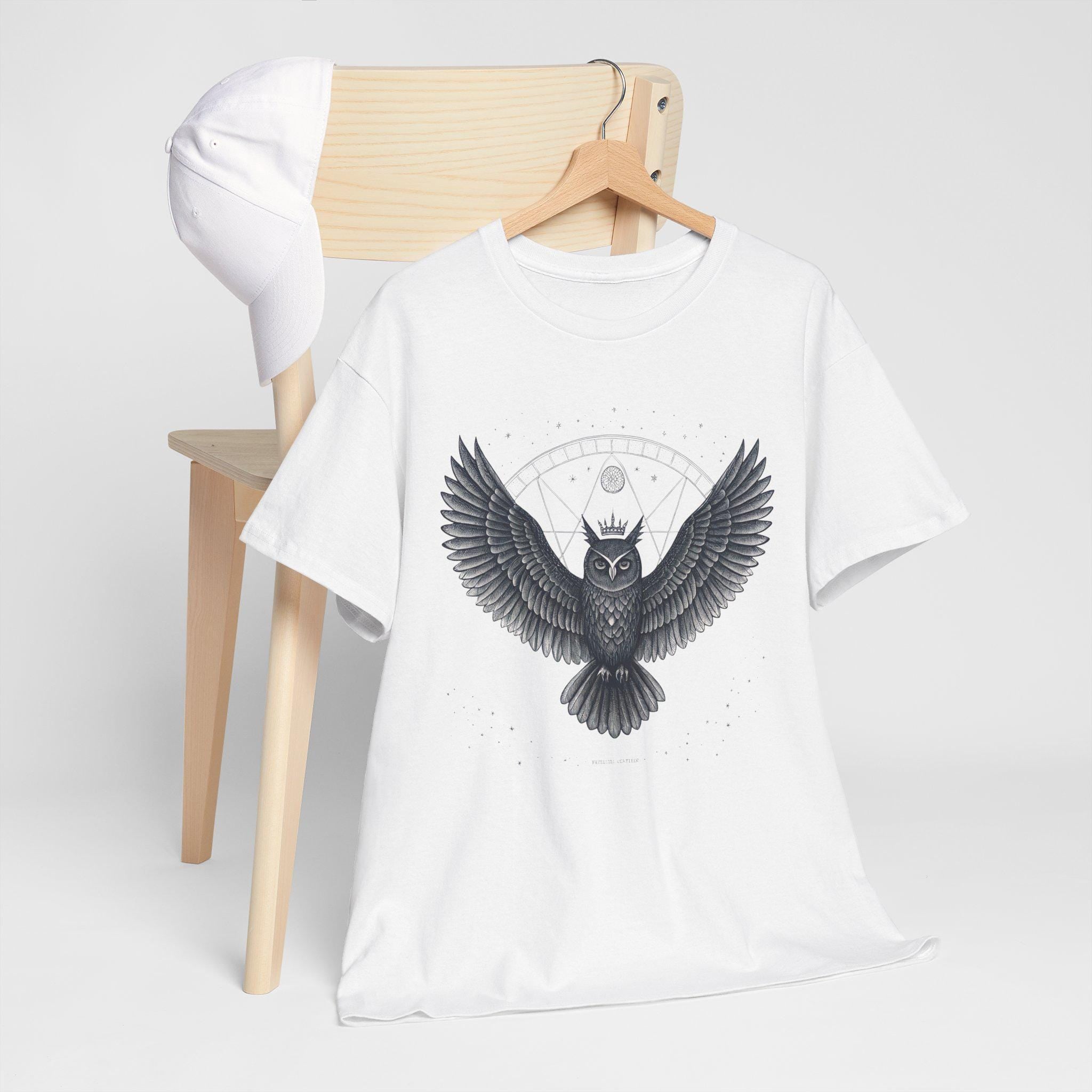 Crowned Owl Graphic T-Shirt: Fantasy Bird Design, White Ink Print
