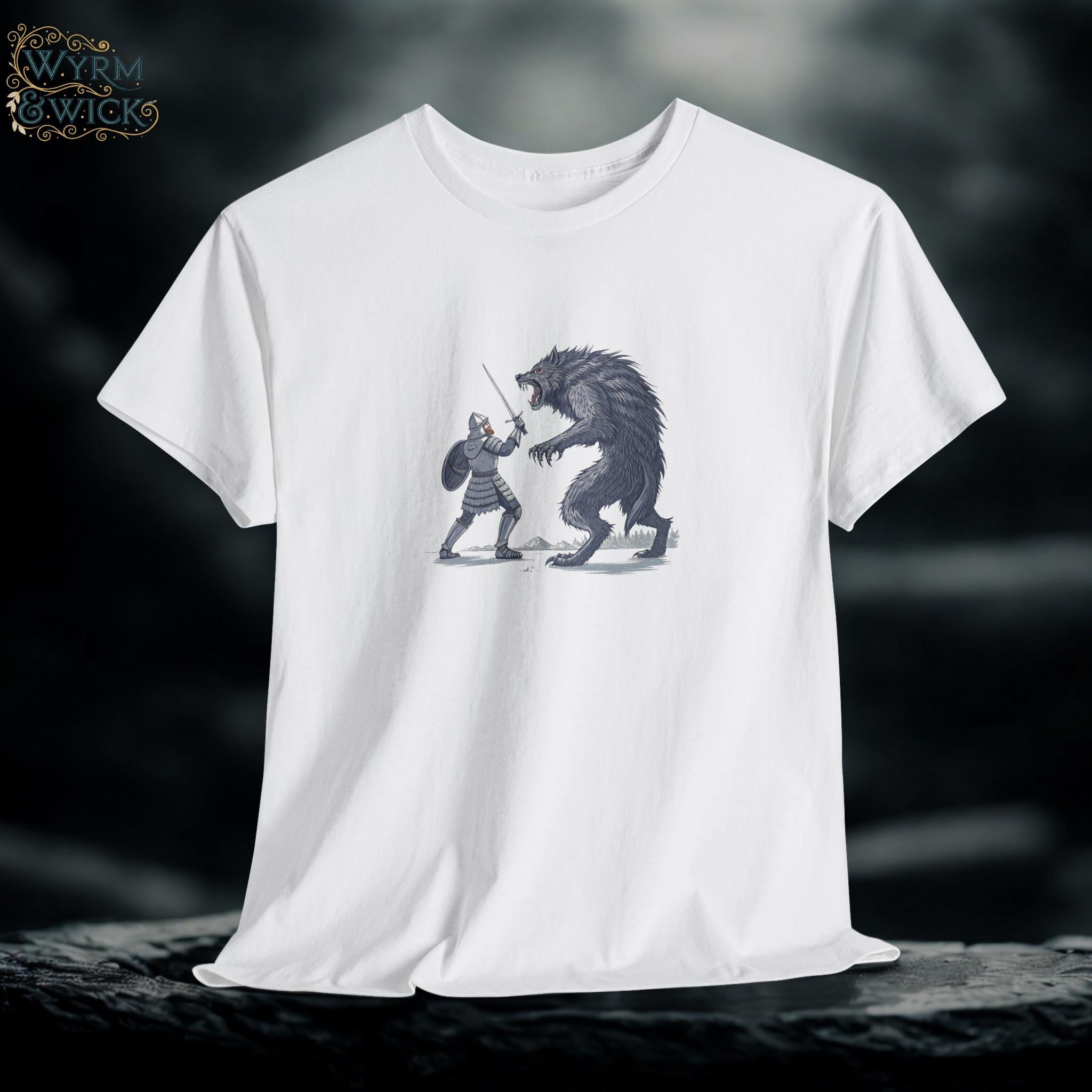 Mythical Knight and Werewolf Graphic Tee: Medieval Fantasy Cotton T-Shirt