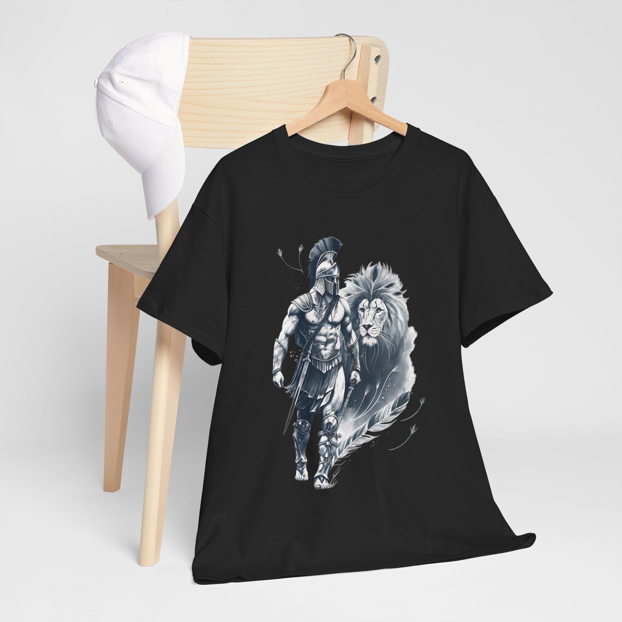 Spartan & Lion Tattoo Tee: Ethereal White Ink, Greek Mythology Shirt
