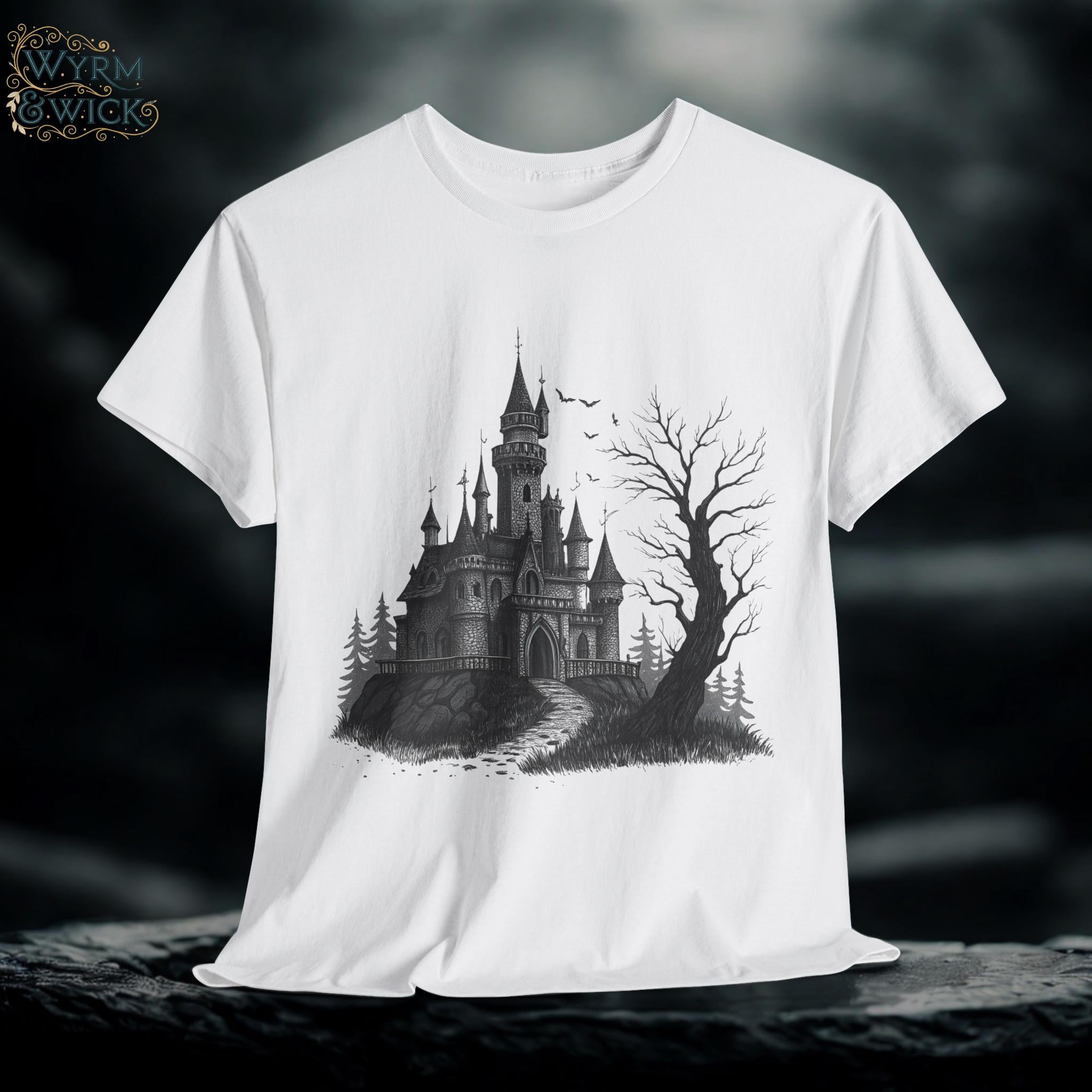 Gothic Castle Graphic Tee: Hand-Drawn Medieval Fantasy T-Shirt
