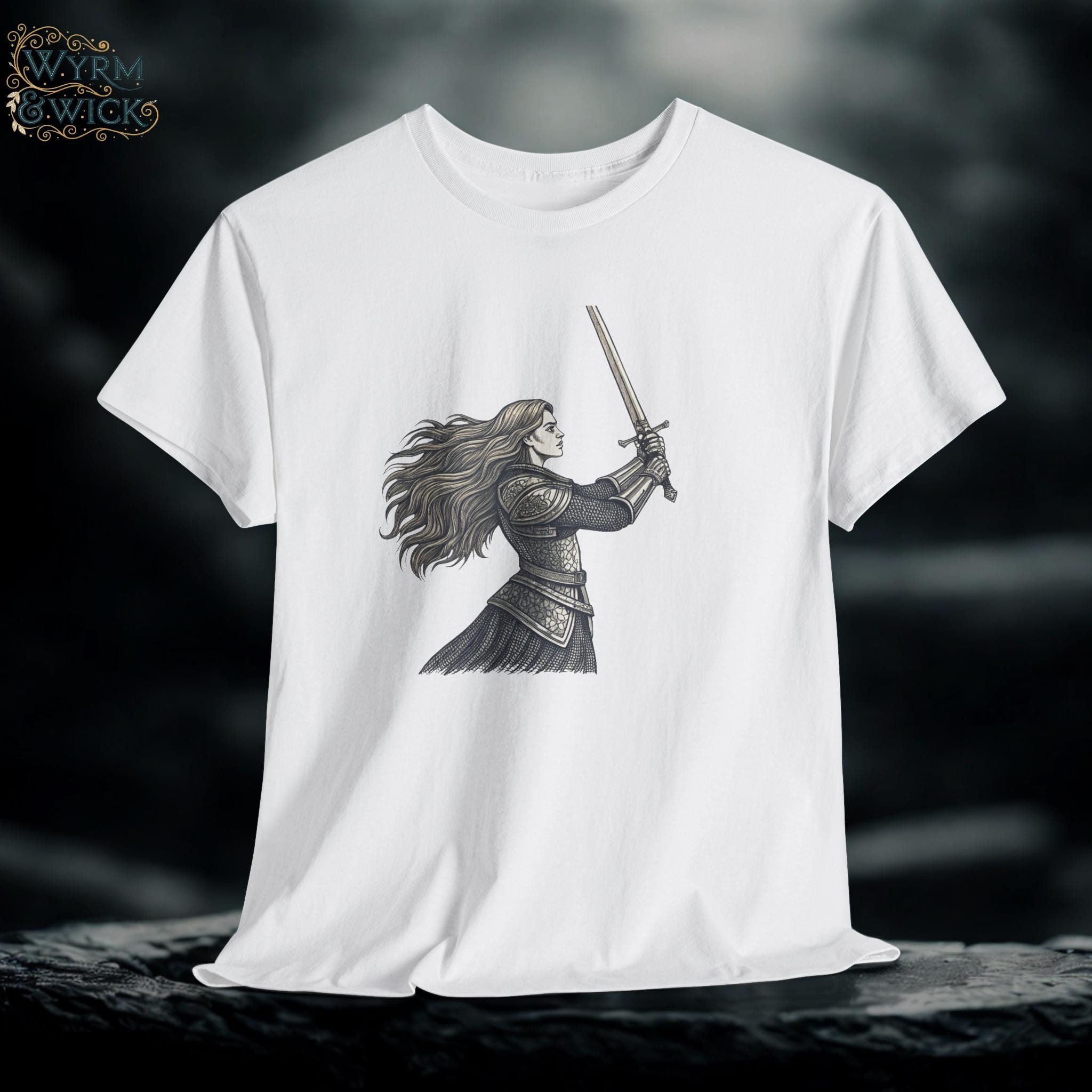Female Knight Graphic Tee: Medieval Sword Art, Cotton Warrior T-Shirt