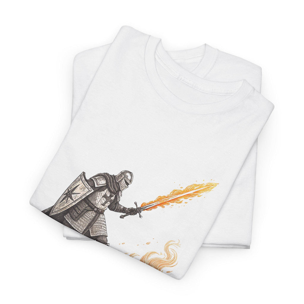 Flaming Sword Knight Graphic Tee: Medieval Armor Warrior Shirt