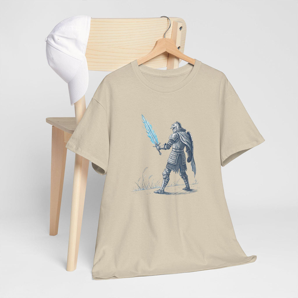 Armored Knight Blue Flame Sword Graphic Tee: Fantasy Warrior Unisex Shirt