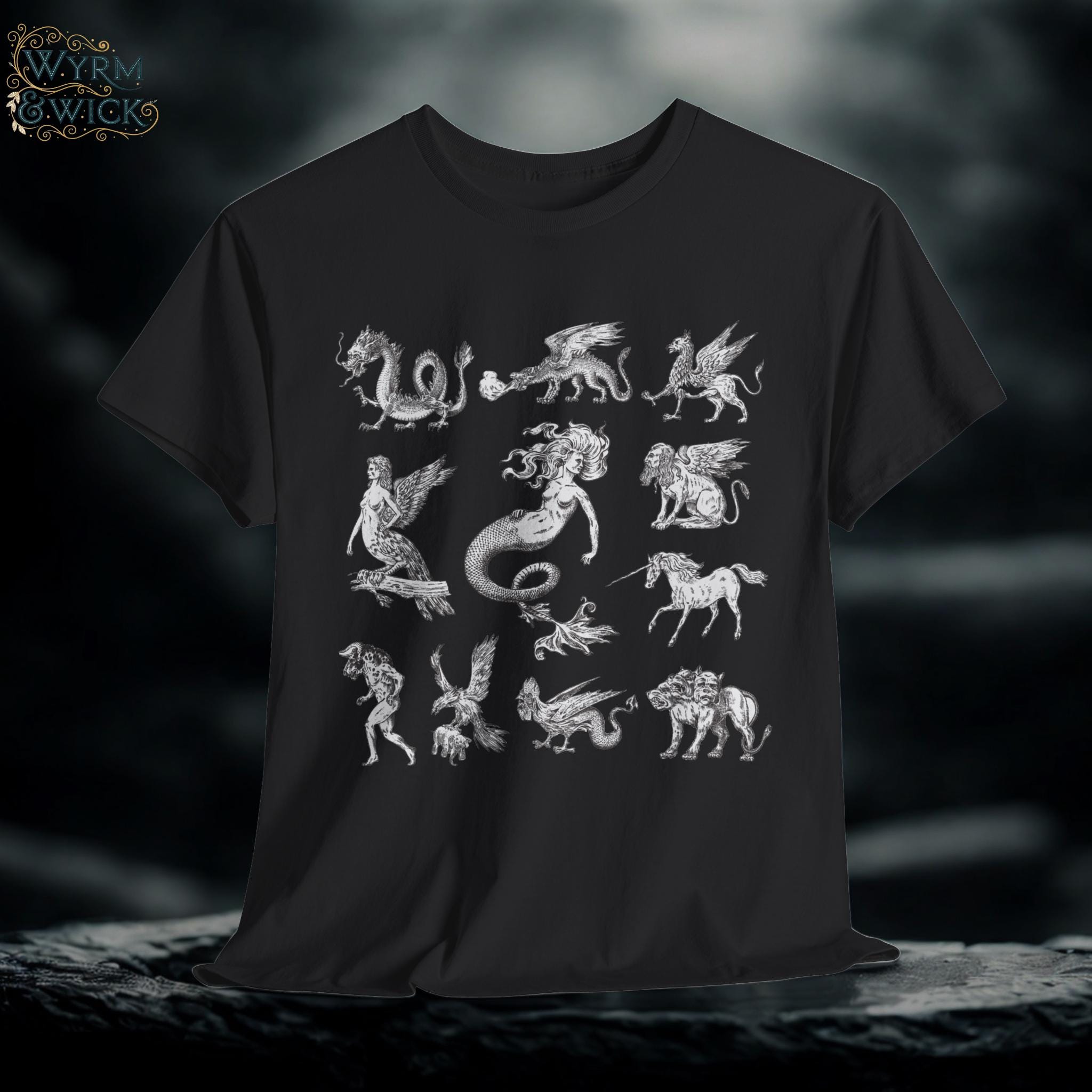 Castlecore Mythical Creatures Graphic Tee, Mystic Fantasy Shirt, Hand Drawn Unisex T-Shirt