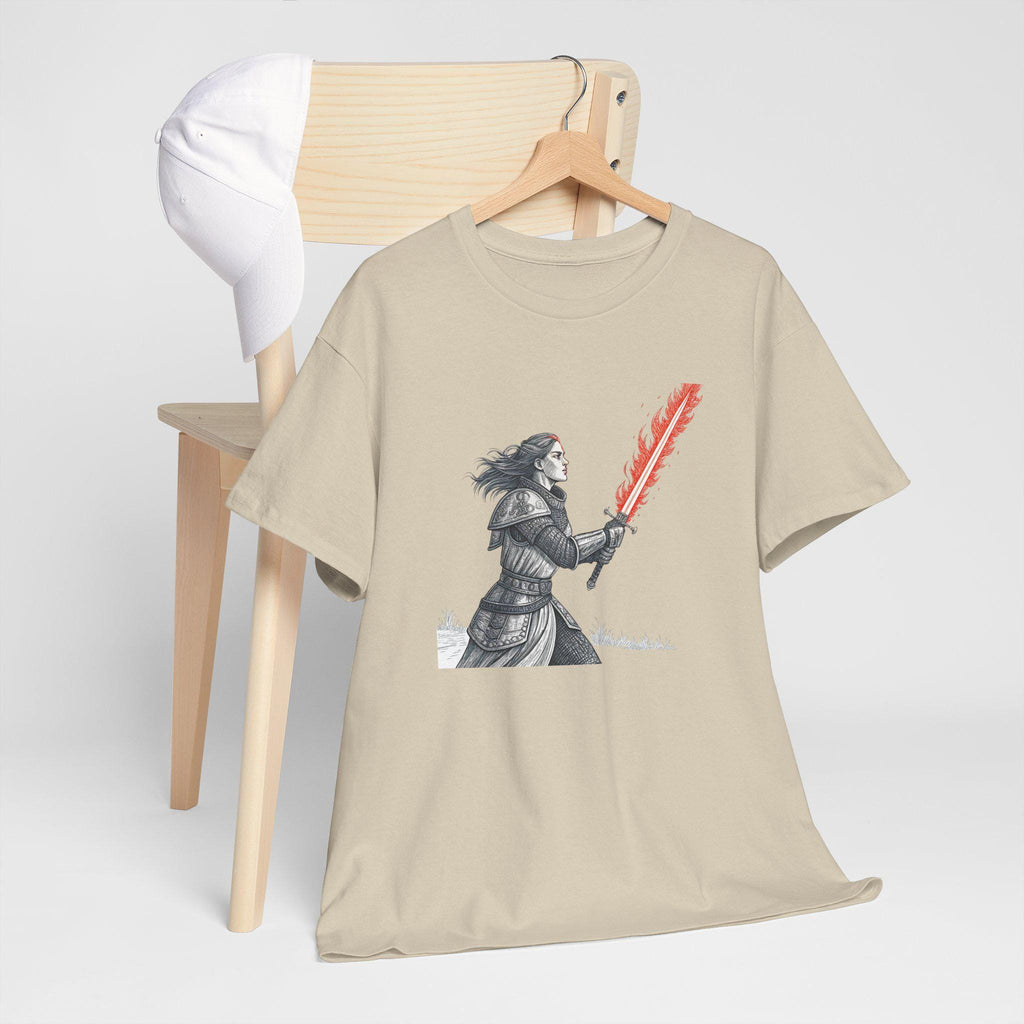 Female Knight Graphic Tee: Medieval Red Flame Sword, Fantasy Warrior