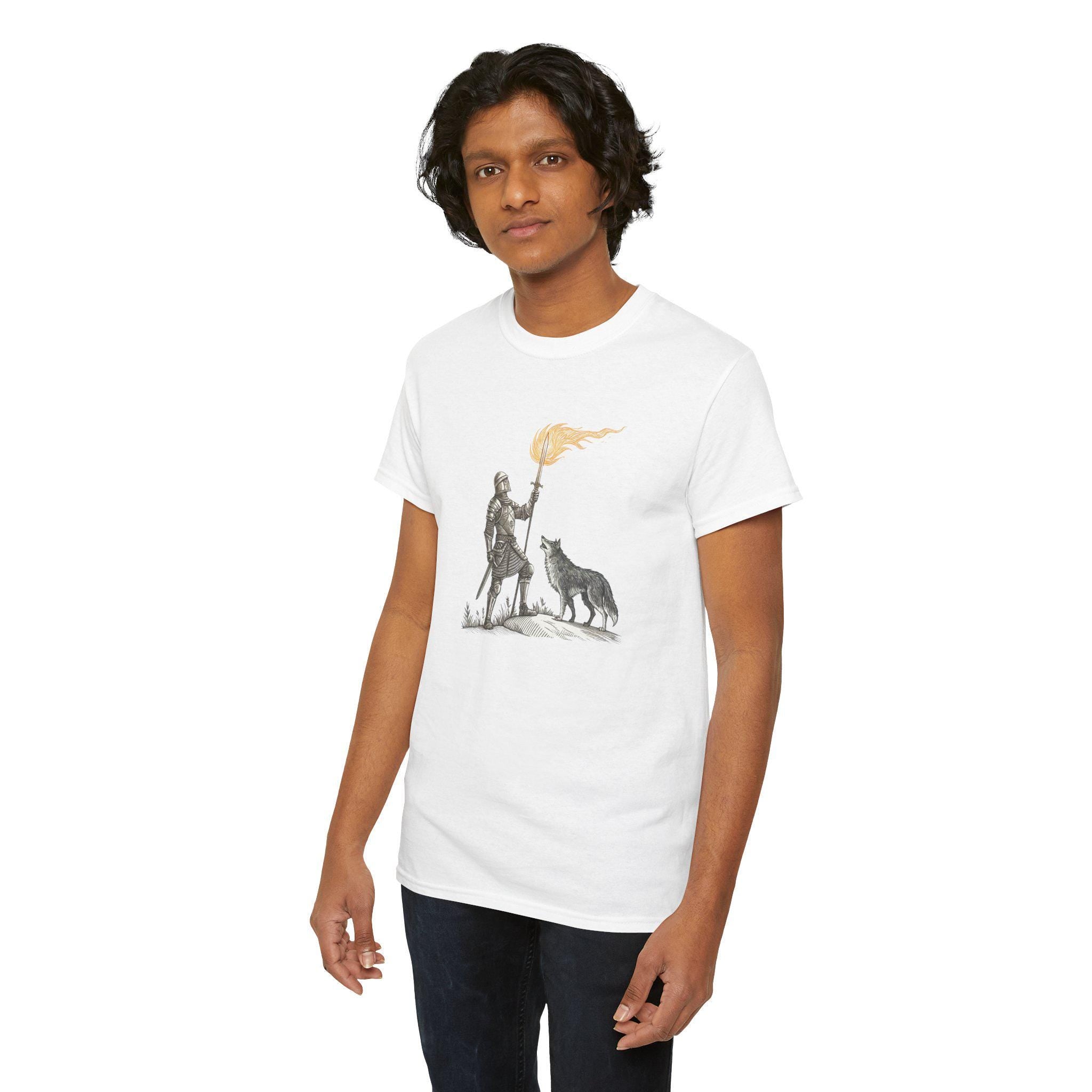 Fantasy Knight and Wolf Graphic Tee: Medieval Warrior Shirt