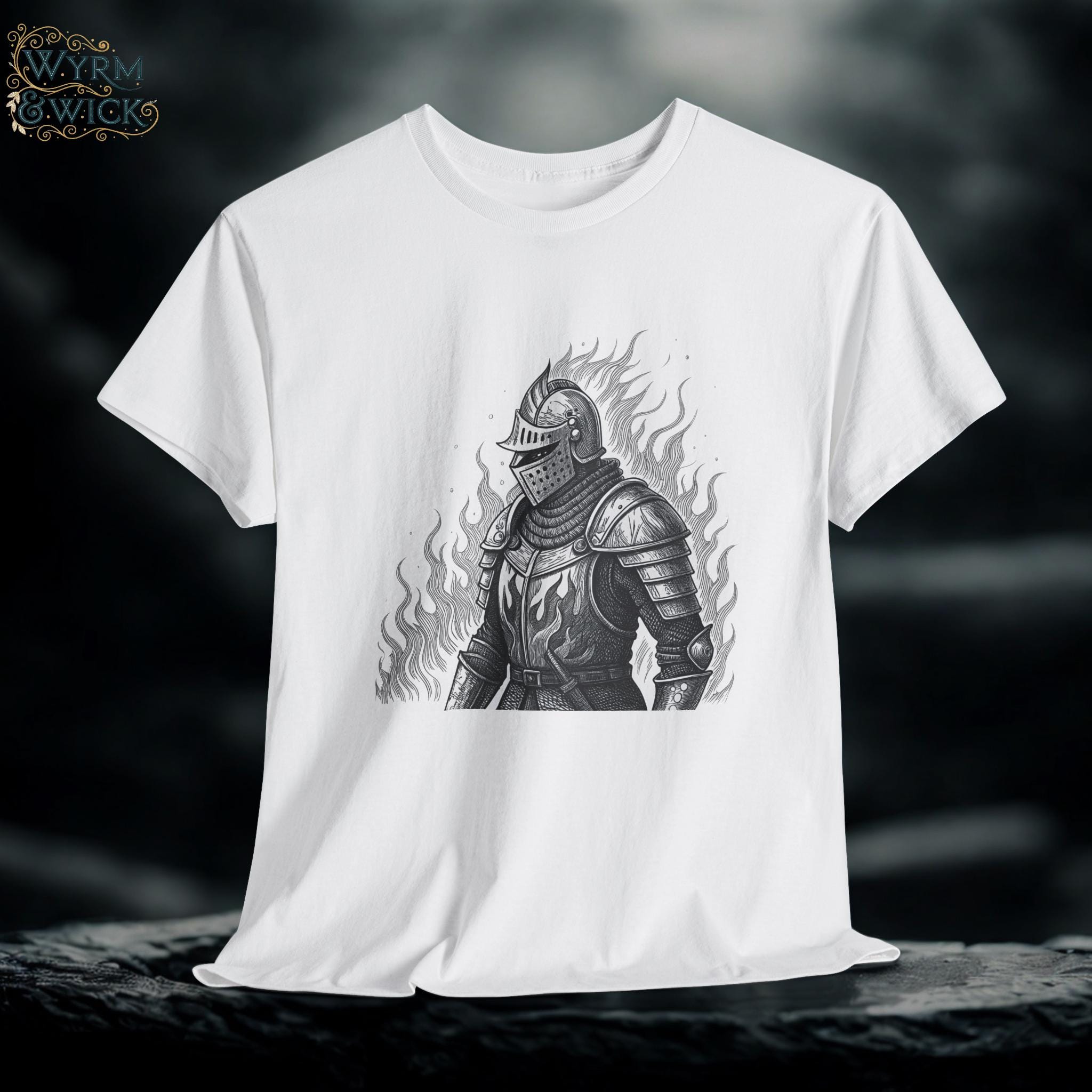 Flaming Knight Graphic Tee: Medieval Fantasy Unisex T-Shirt