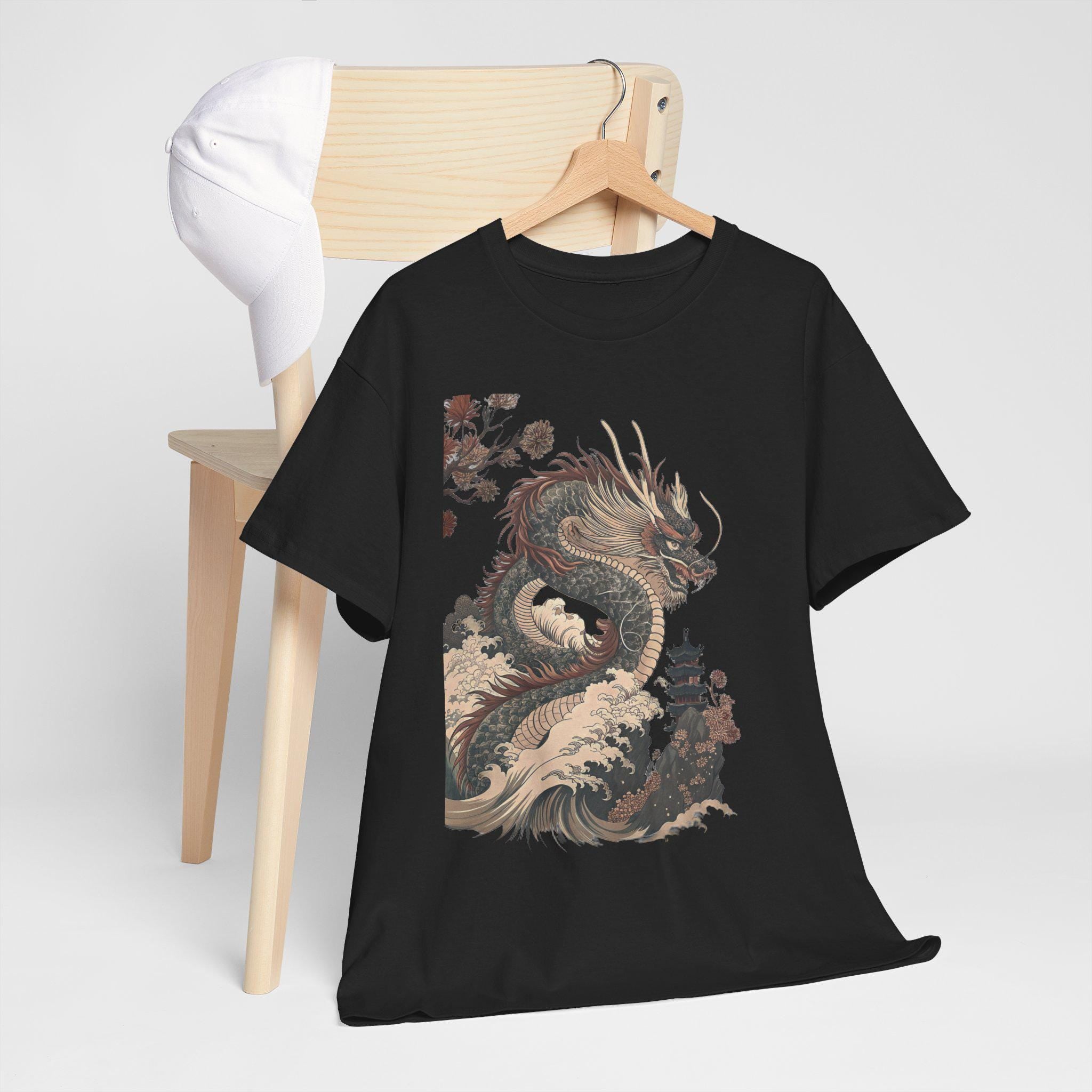 Vintage Japanese Dragon Graphic Tee: Mythical Fantasy Cotton Shirt