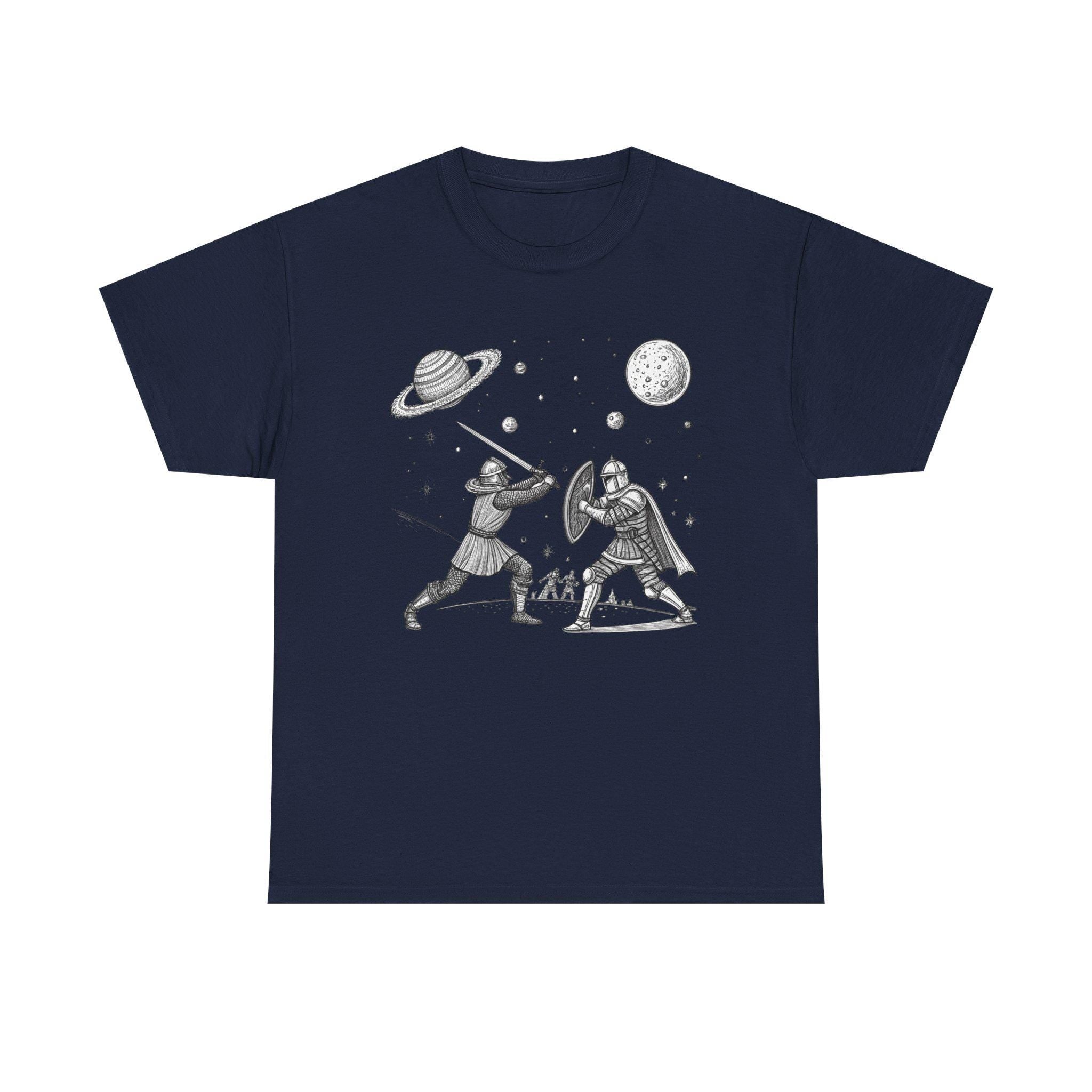 Galactic Medieval Duel Tee: Sci-Fi Fantasy Graphic T-Shirt