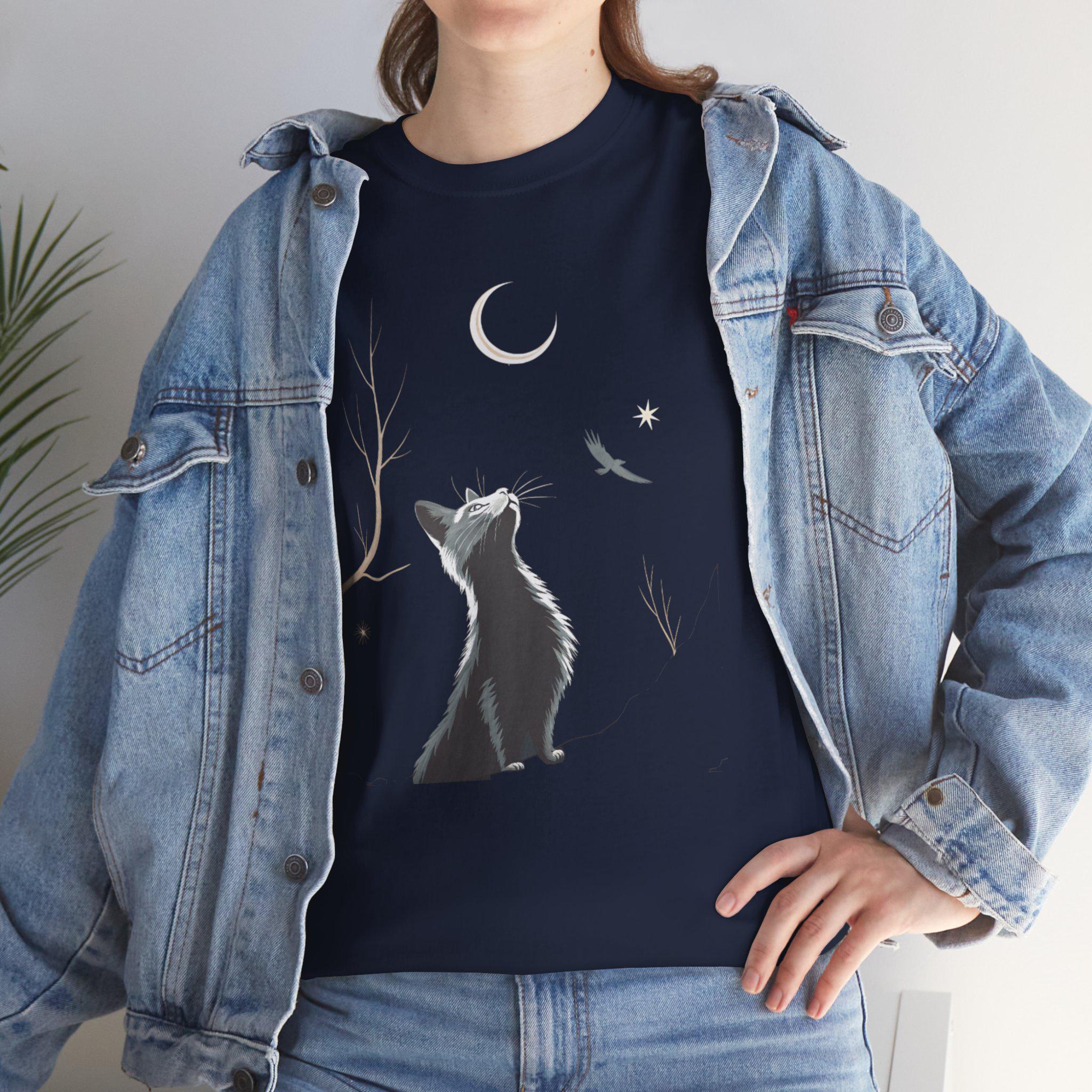 Moonlight Cat Graphic Tee: Gothic Cotton T-Shirt, Dark Cat Lover Gift
