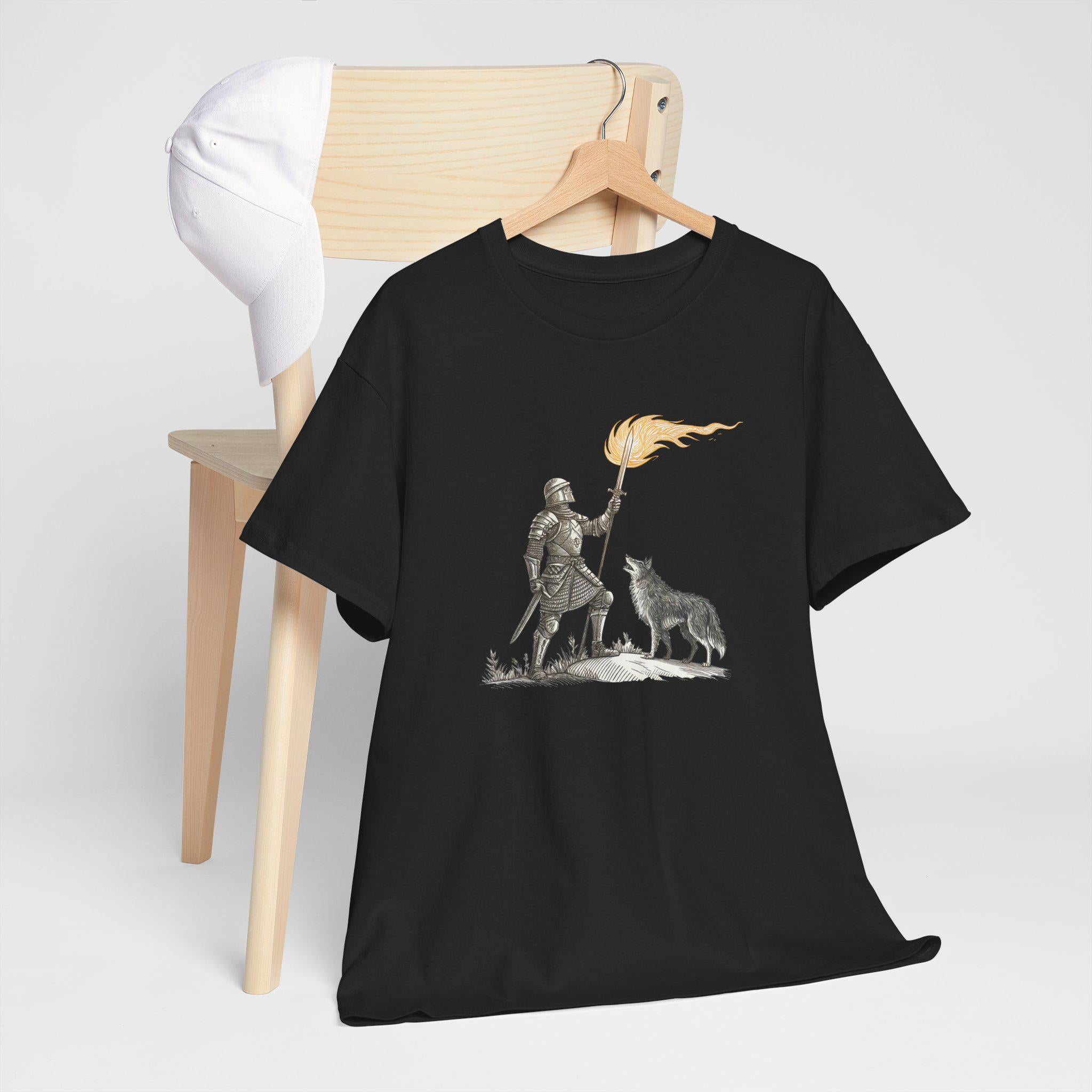 Fantasy Knight and Wolf Graphic Tee: Medieval Warrior Shirt