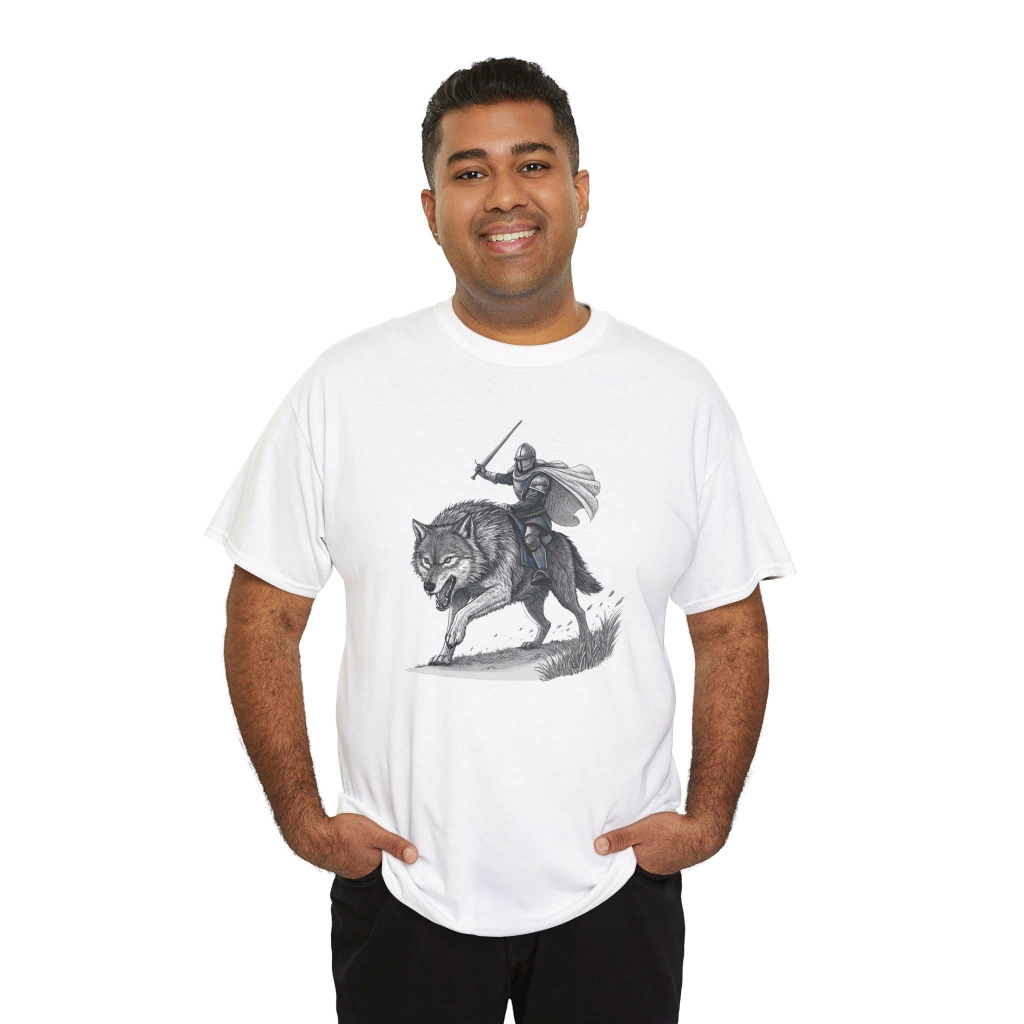 Knight Riding Wolf Graphic Tee: Medieval Fantasy Shirt