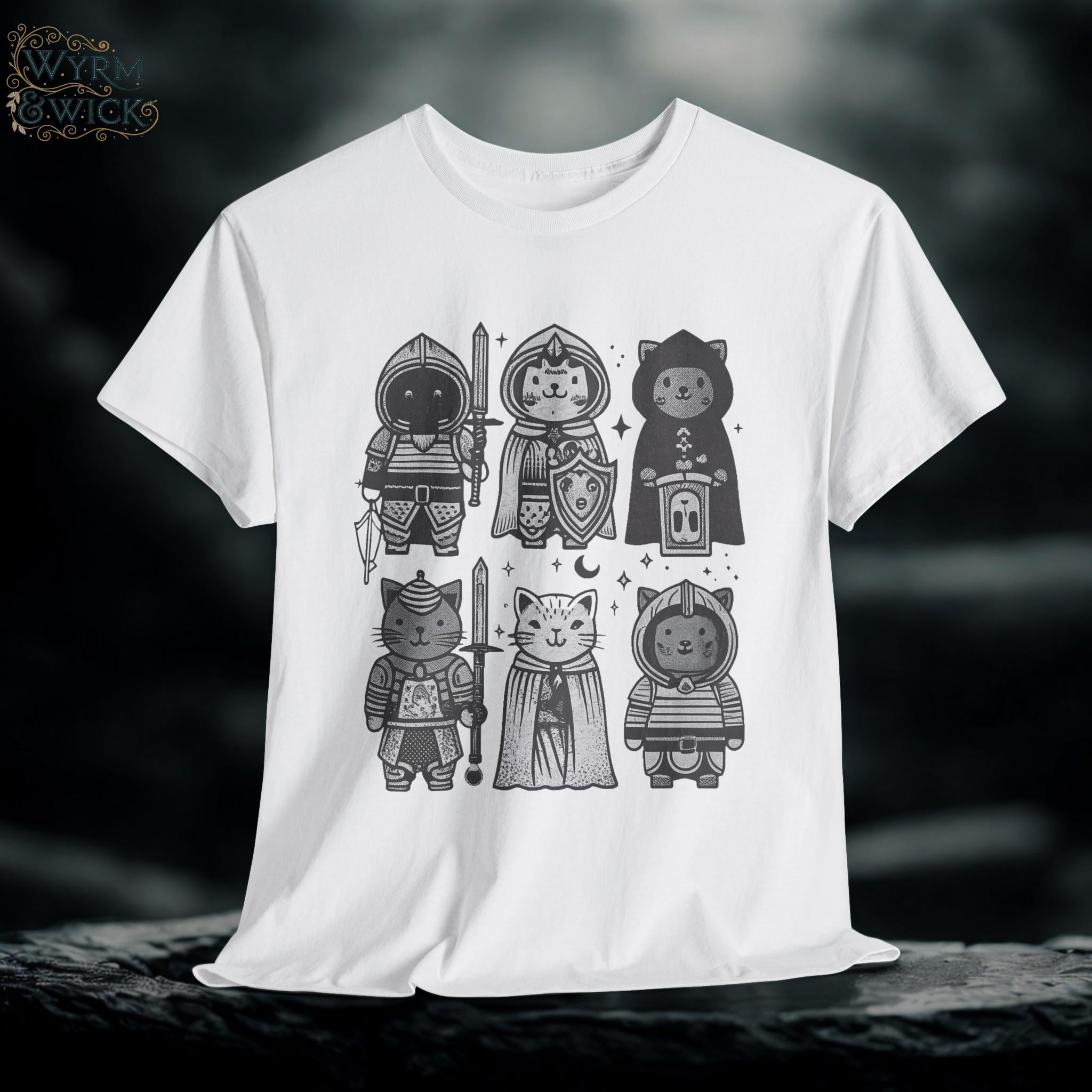 Medieval Cats Graphic Tee: Hand-Drawn Mystical Feline Shirt