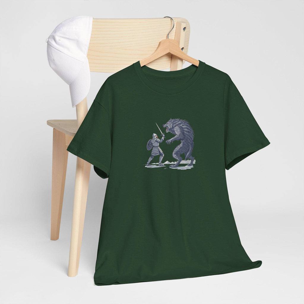 Mythical Knight and Werewolf Graphic Tee: Medieval Fantasy Cotton T-Shirt