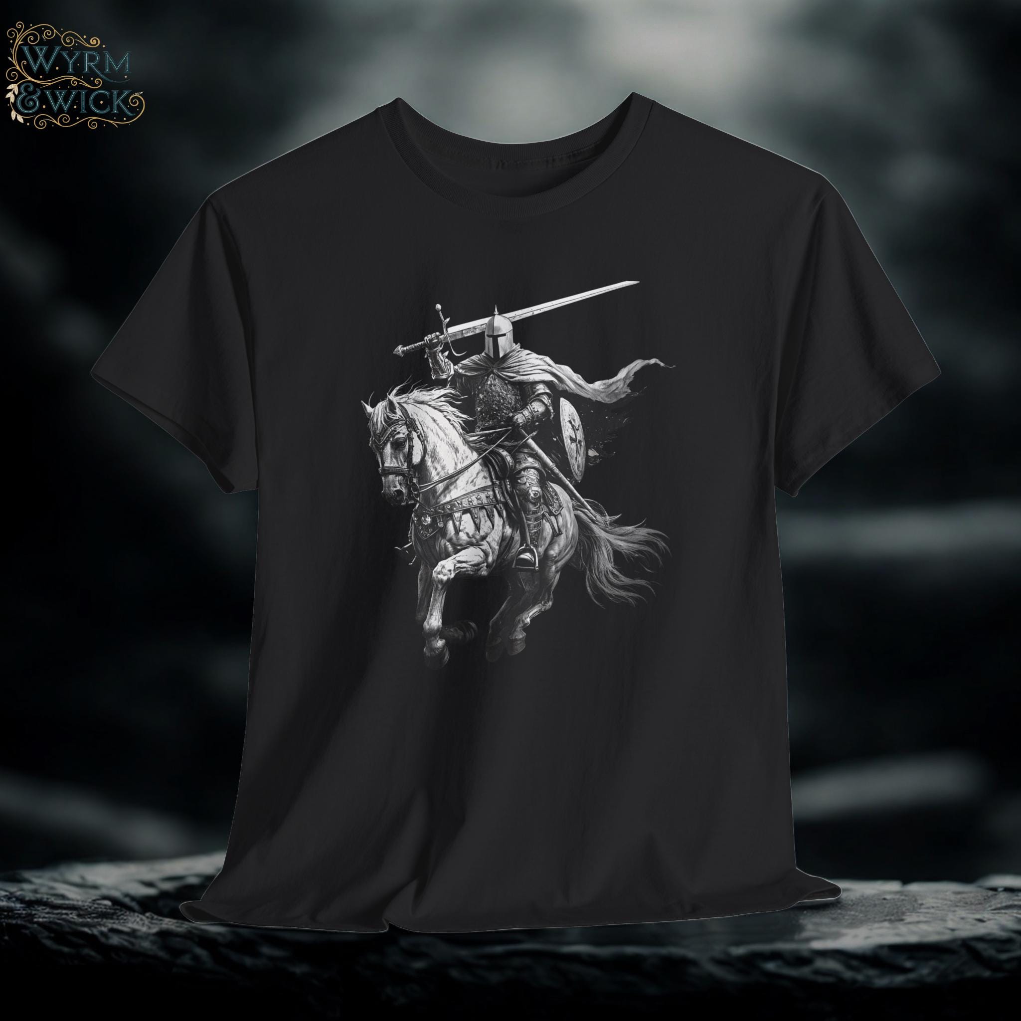 Medieval Knight on Horseback T-Shirt | Hand-Drawn Fantasy Graphic Tee
