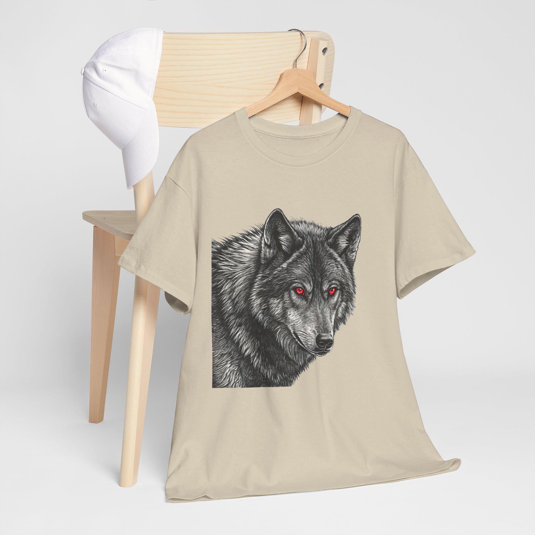 Gothic Wolf Graphic Tee: Hand-Drawn Red Eyes Fantasy Shirt